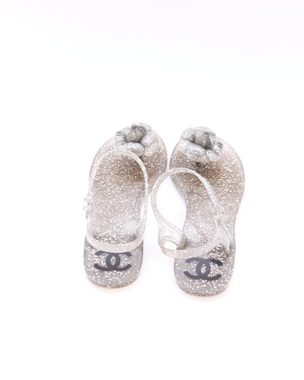 Chanel Silver Glitter Jelly Camellia Sandals Size 37