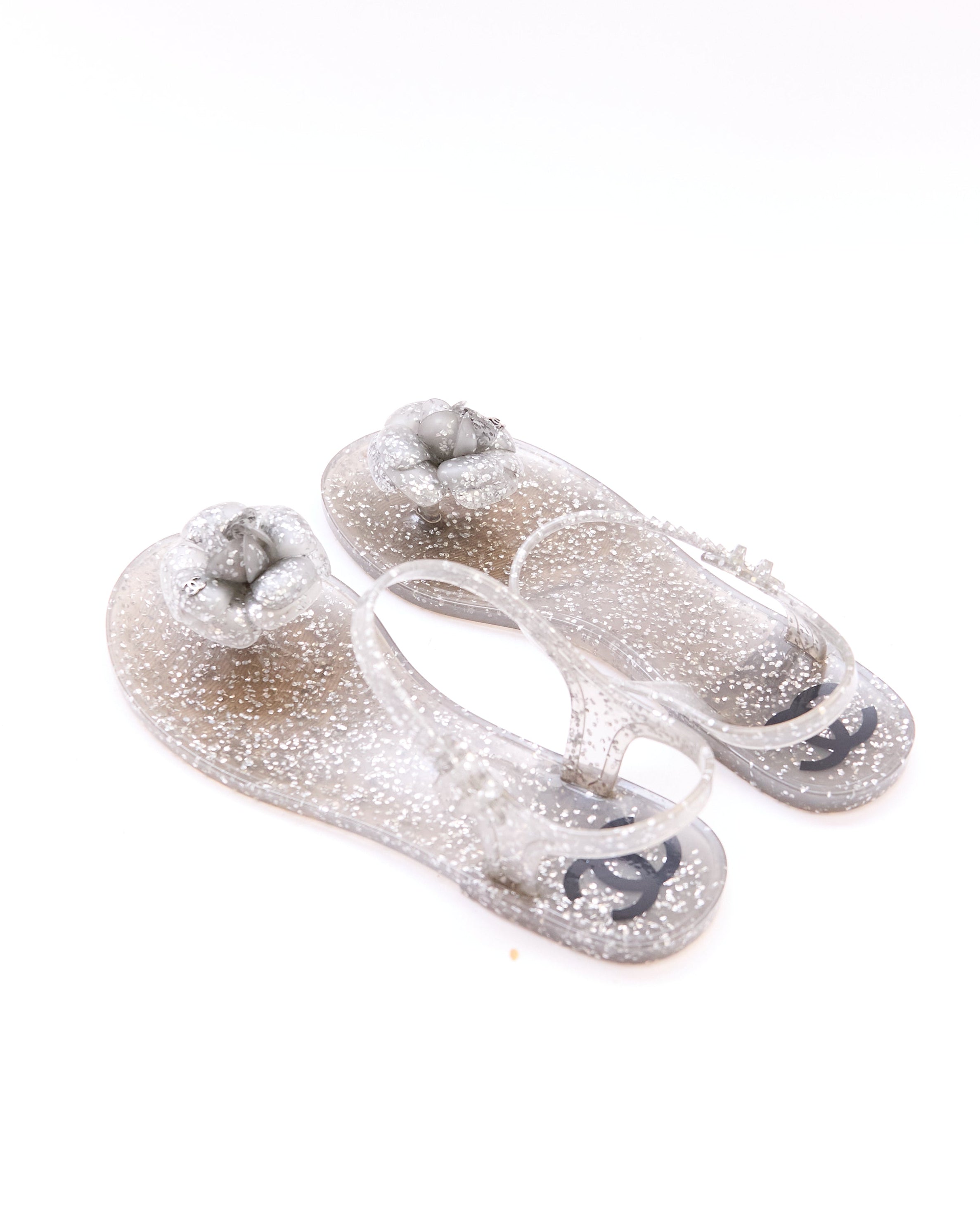Chanel Silver Glitter Jelly Camellia Sandals Size 37