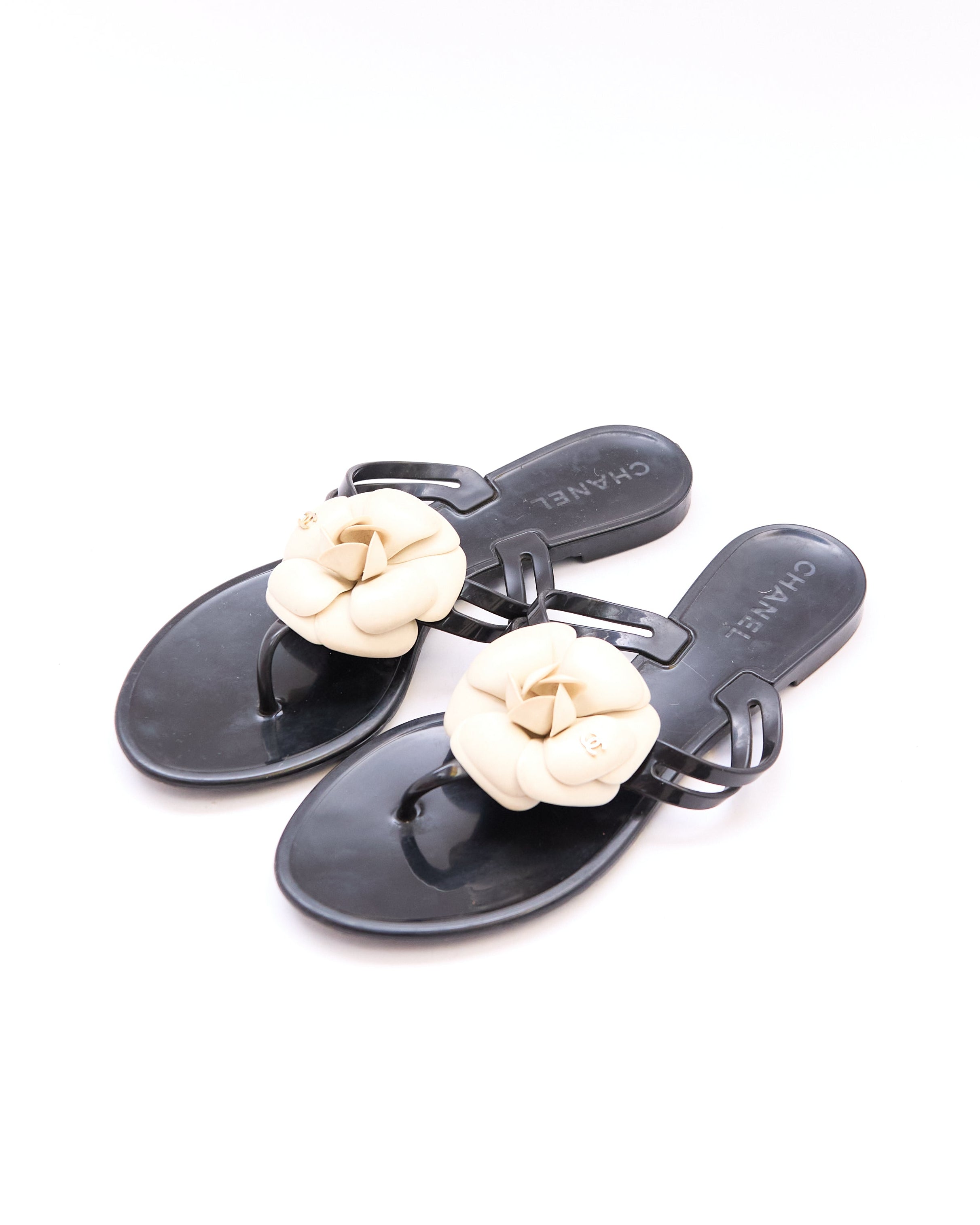 Chanel Black Jelly Camellia Sandals Size 37