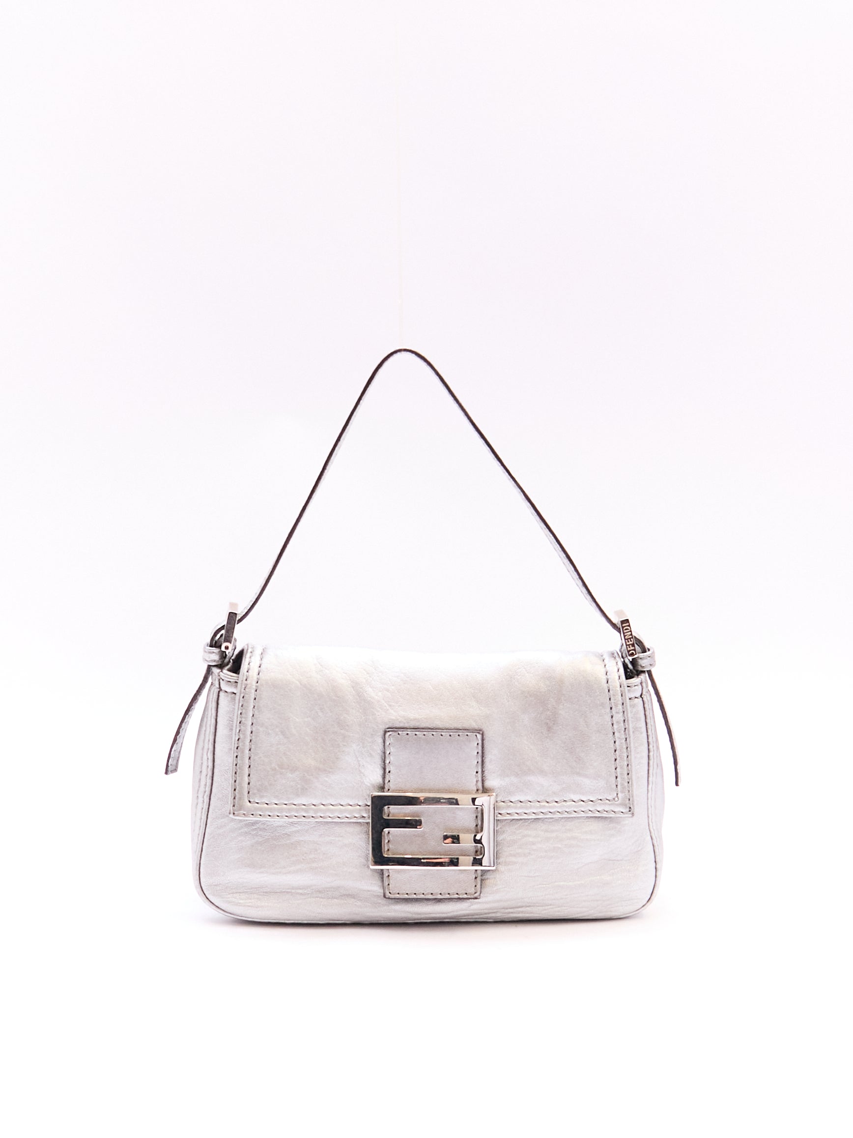 Fendi Silver Leather Mini Baguette