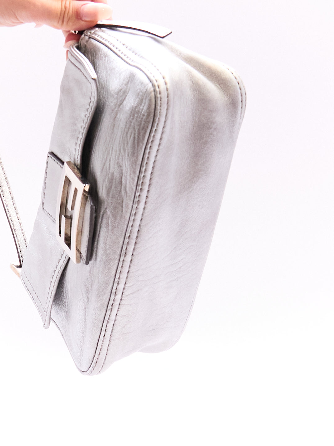 Fendi Silver Leather Mini Baguette