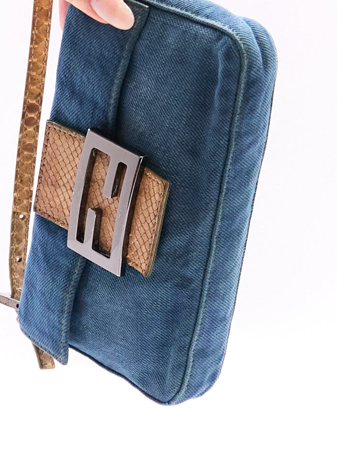 Fendi Denim and Python Mini Baguette