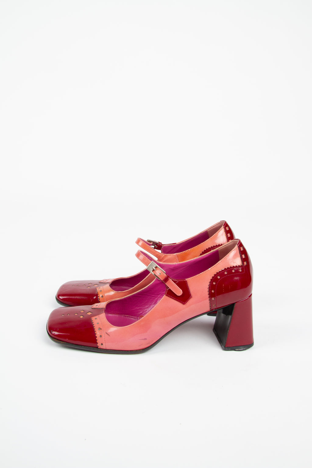 Vintage Prada FW 1999 Size 39 Pink and Red Patent Leather Mary Janes | Y2K Designer Heels Shoes