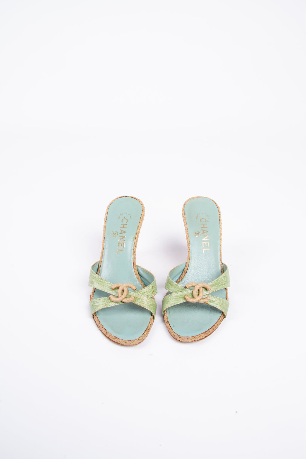 Vintage Chanel 2000s Size 36 Green Blue Espadrille Wedge | Y2K Designer Heels Shoes