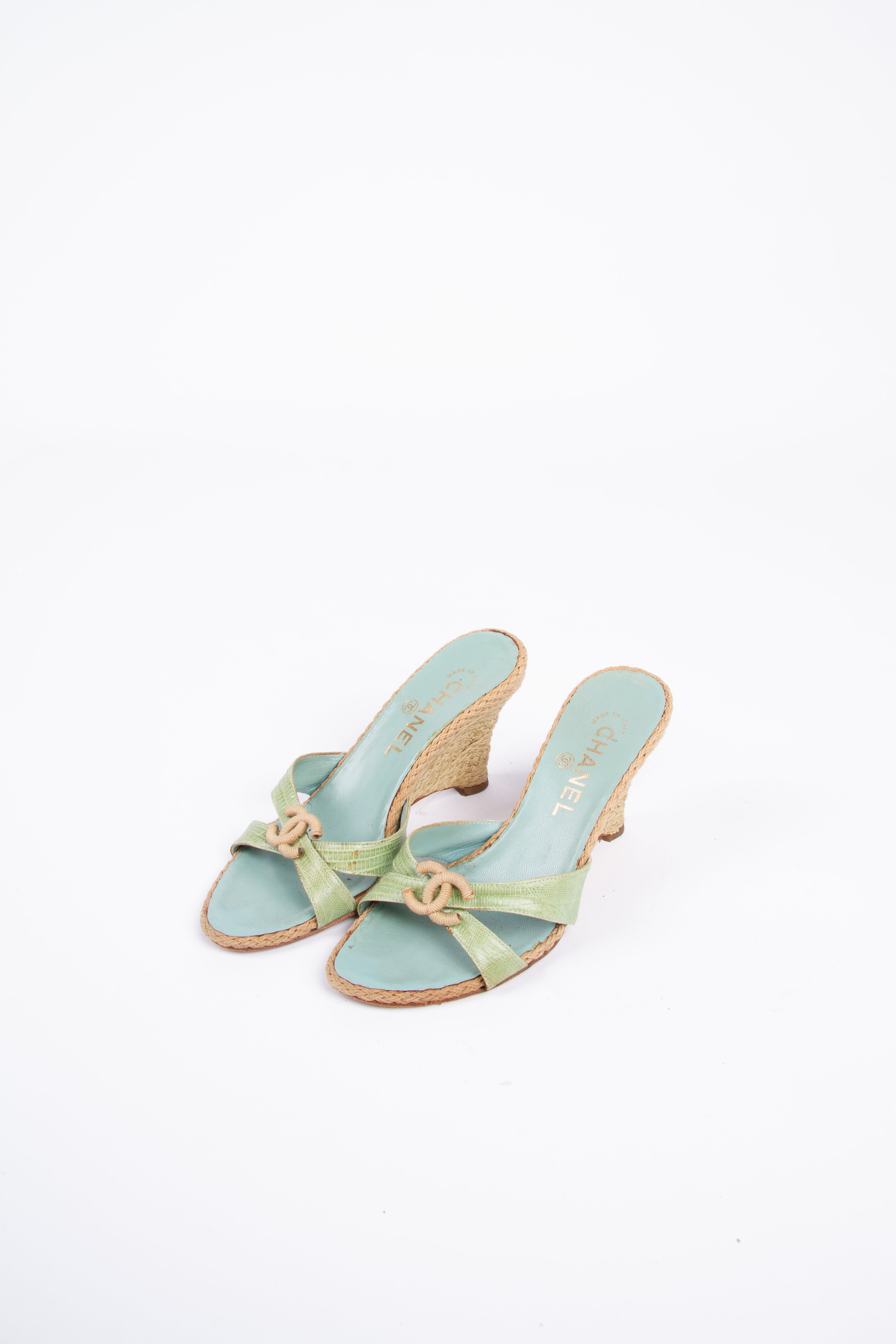 Vintage Chanel 2000s Size 36 Green Blue Espadrille Wedge | Y2K Designer Heels Shoes