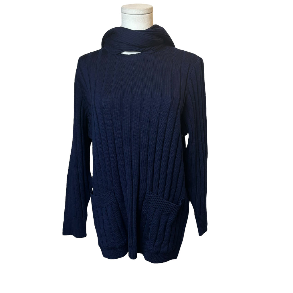 YSL Navy Knit Sweater w/ Attached Scarf