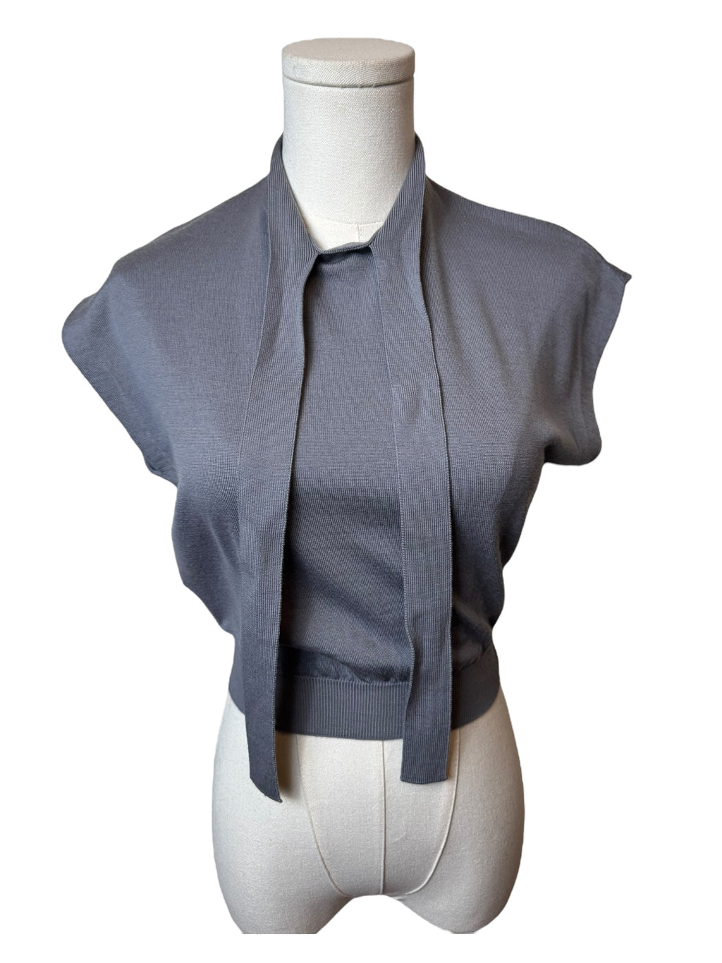 Prada Grey Front Tie Short Sleeve Sweater