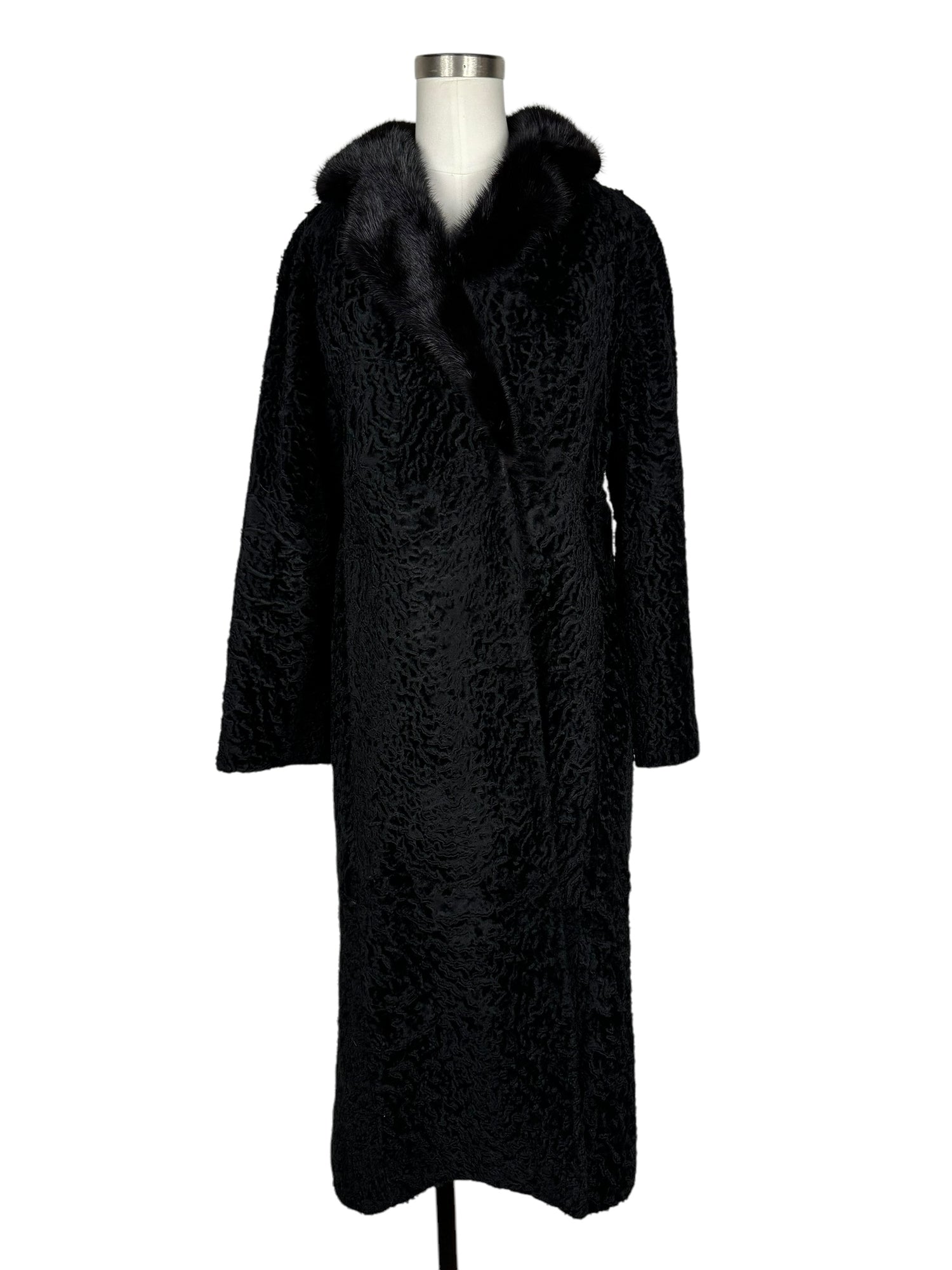 Vintage Black Lamb Fur Coat with Fox Collar