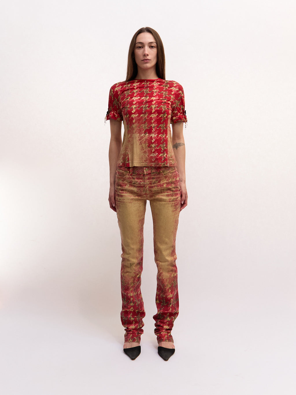 2002 Roberto Cavalli Red Plaid Runway Burnout Set