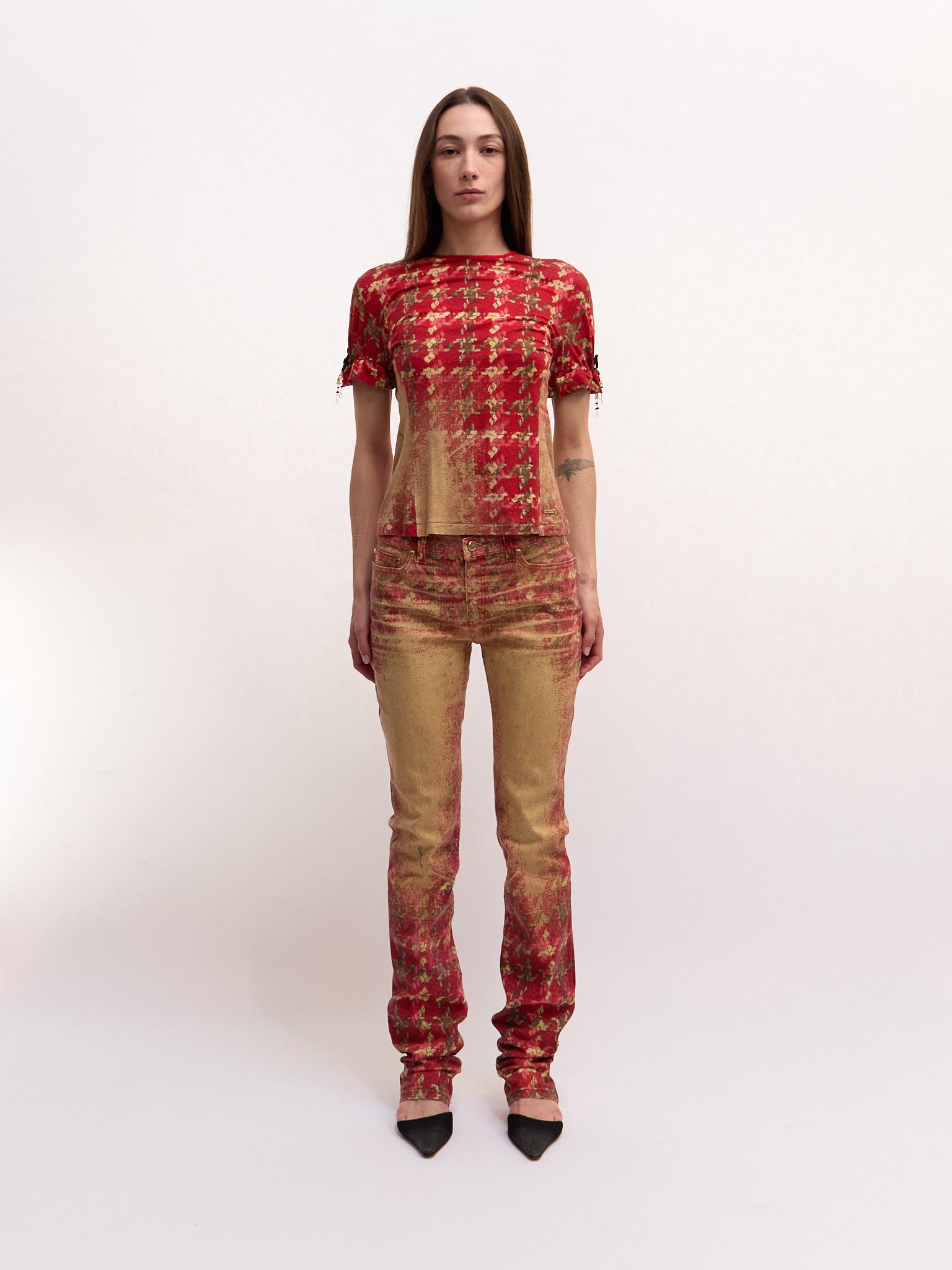 2002 Roberto Cavalli Red Plaid Runway Burnout Set