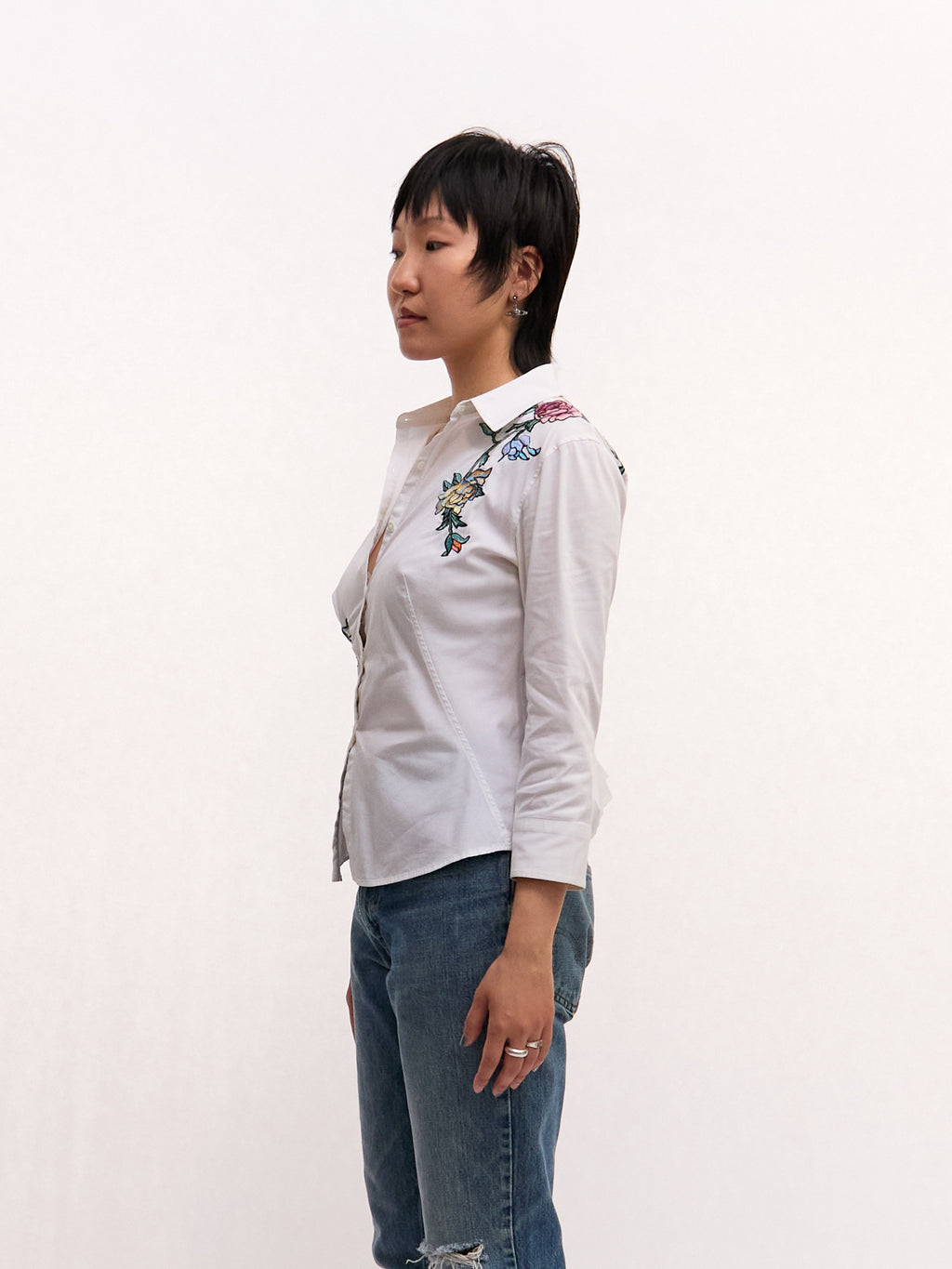 2003 Roberto Cavalli White Amour Embroidered Tattoo Print White Button Down