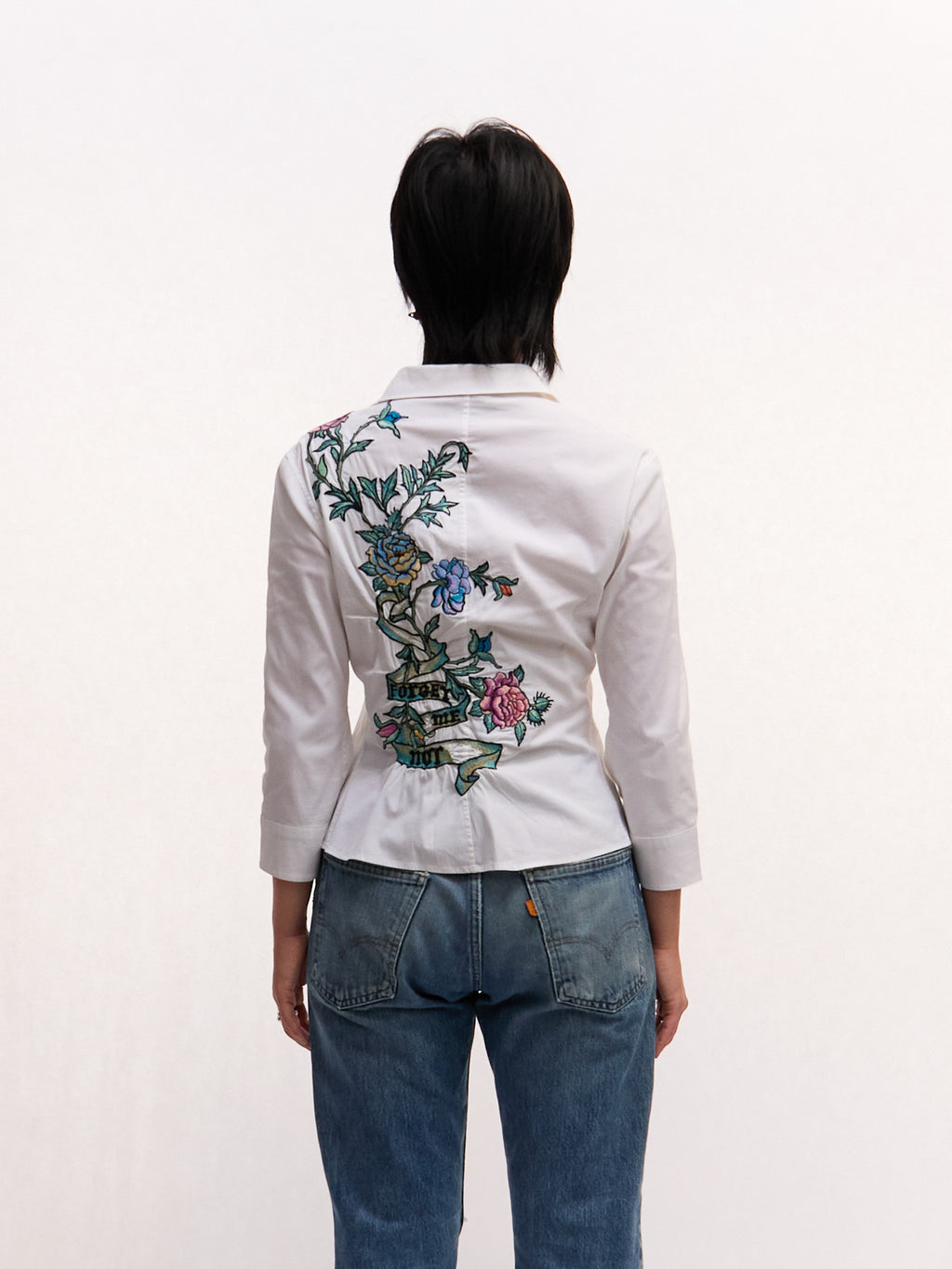 2003 Roberto Cavalli White Amour Embroidered Tattoo Print White Button Down