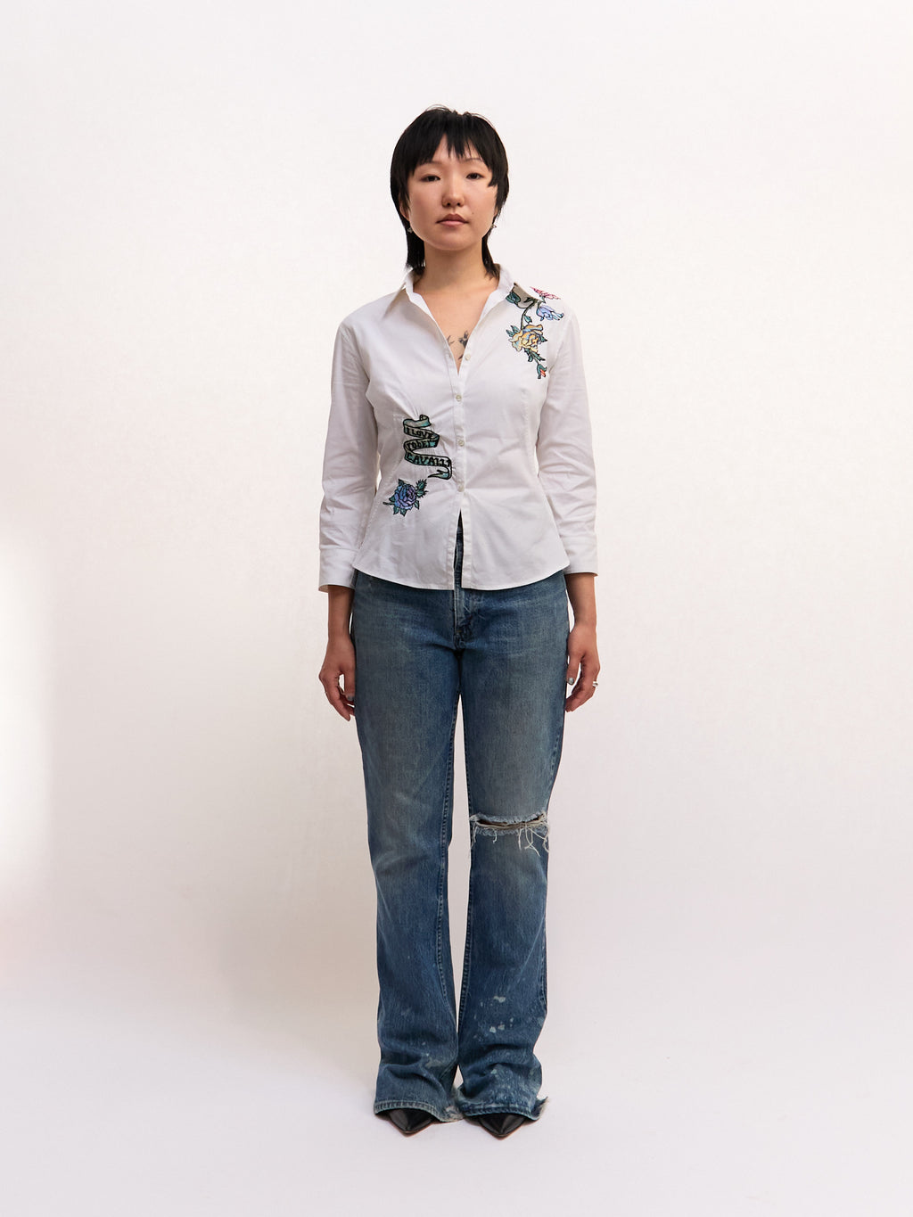2003 Roberto Cavalli White Amour Embroidered Tattoo Print White Button Down