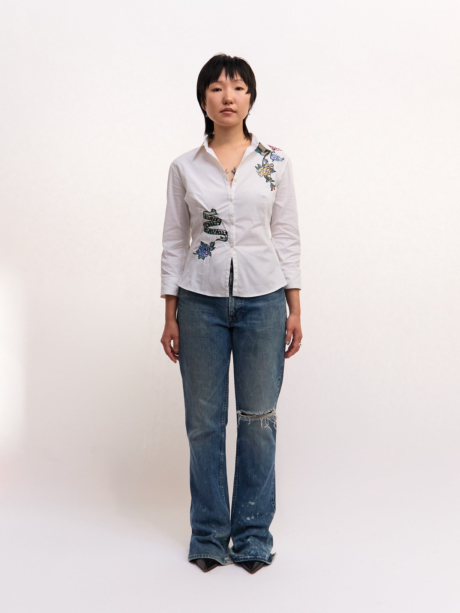 2003 Roberto Cavalli White Amour Embroidered Tattoo Print White Button Down
