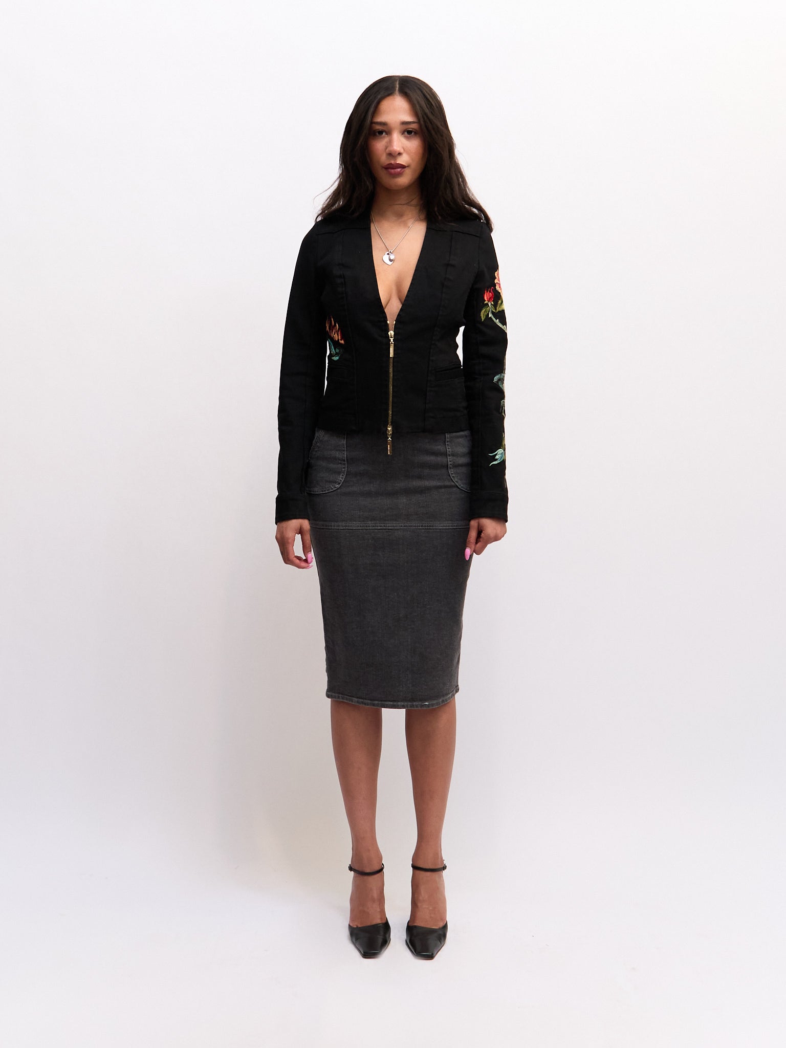 2003 Roberto Cavalli Embroidered Rose Tattoo Print Jacket