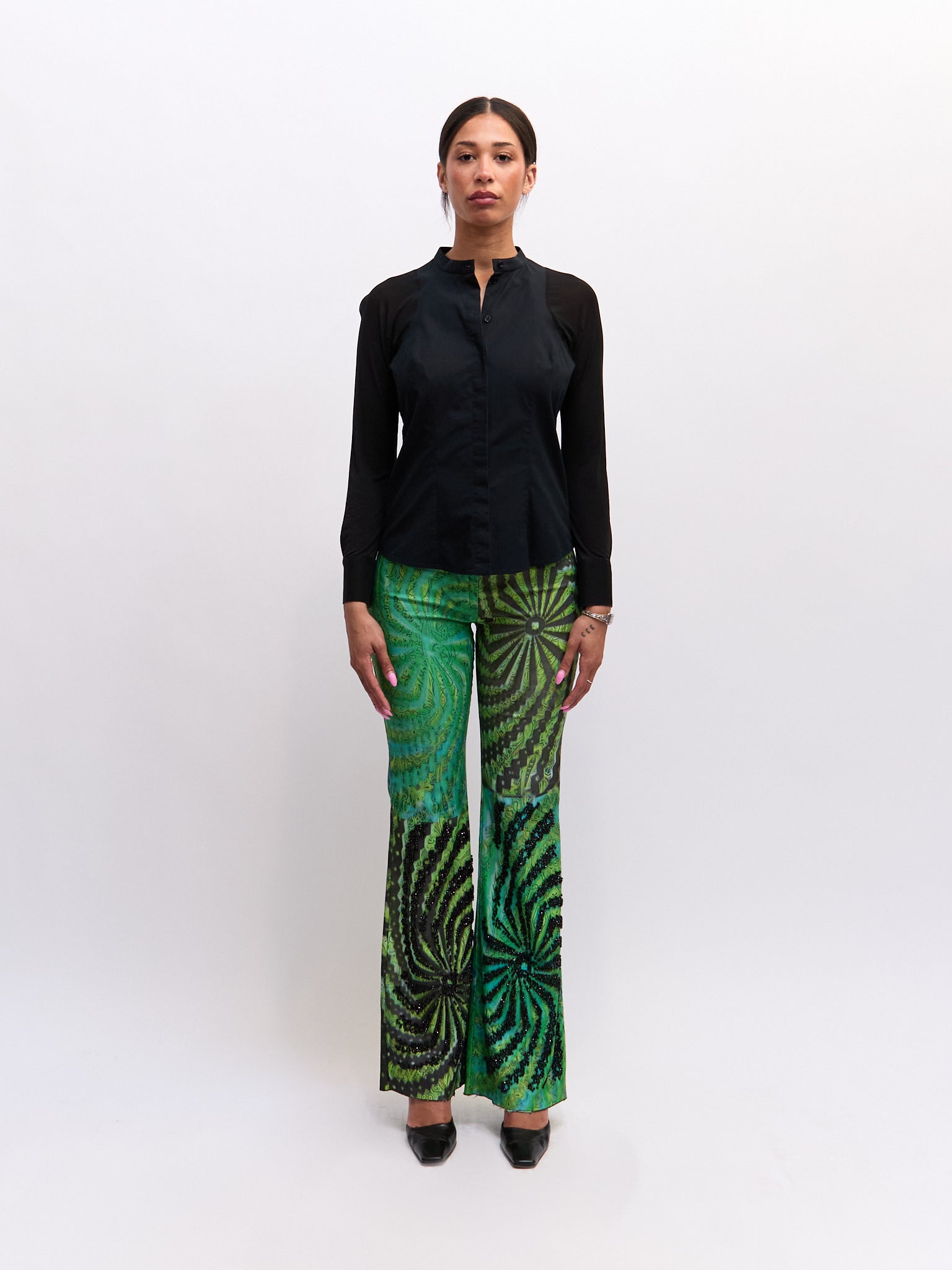 Vintage Green Black Sequin Print Pants