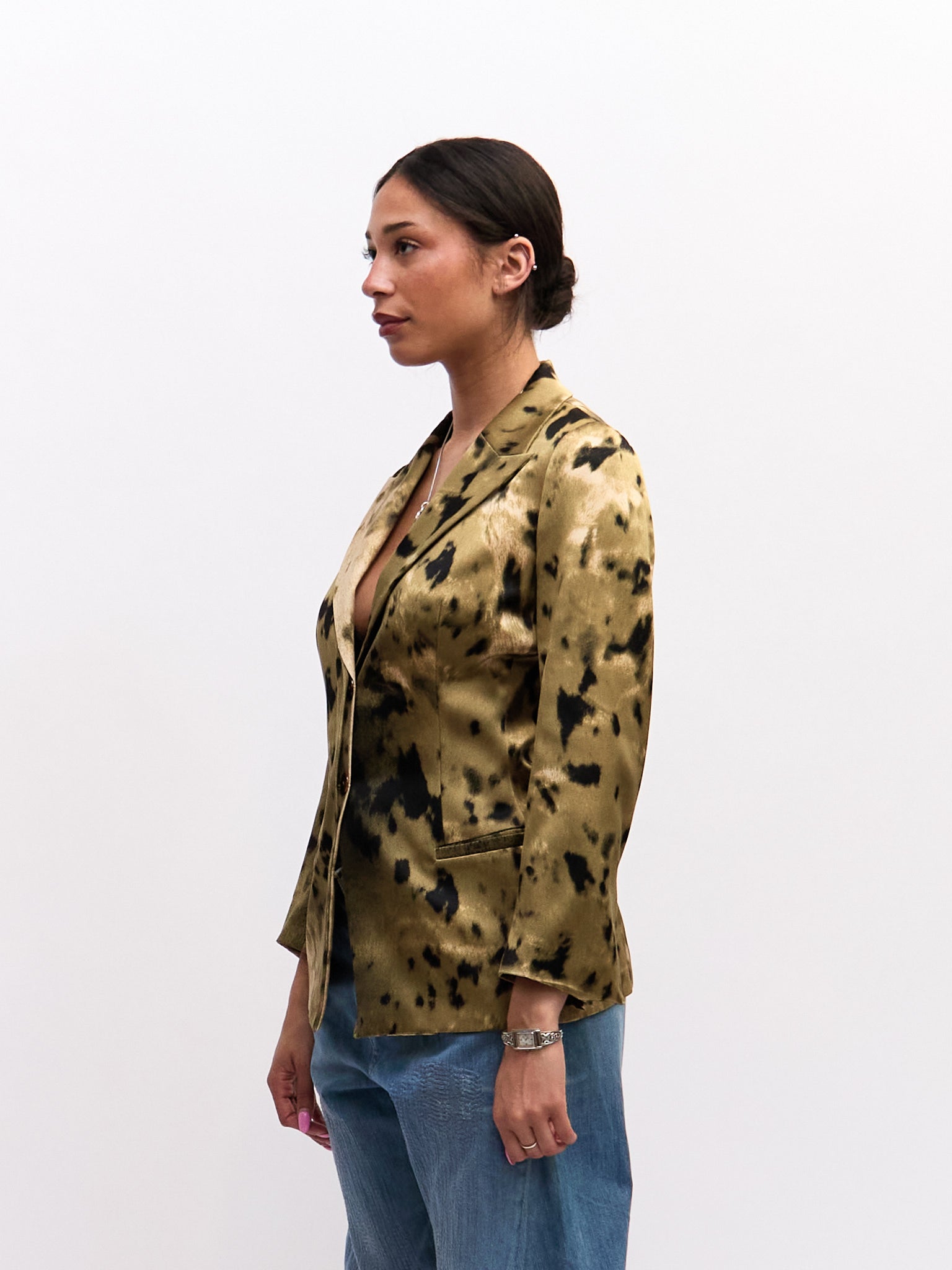 Roberto Cavalli Green Black Animal Print Silk Blazer