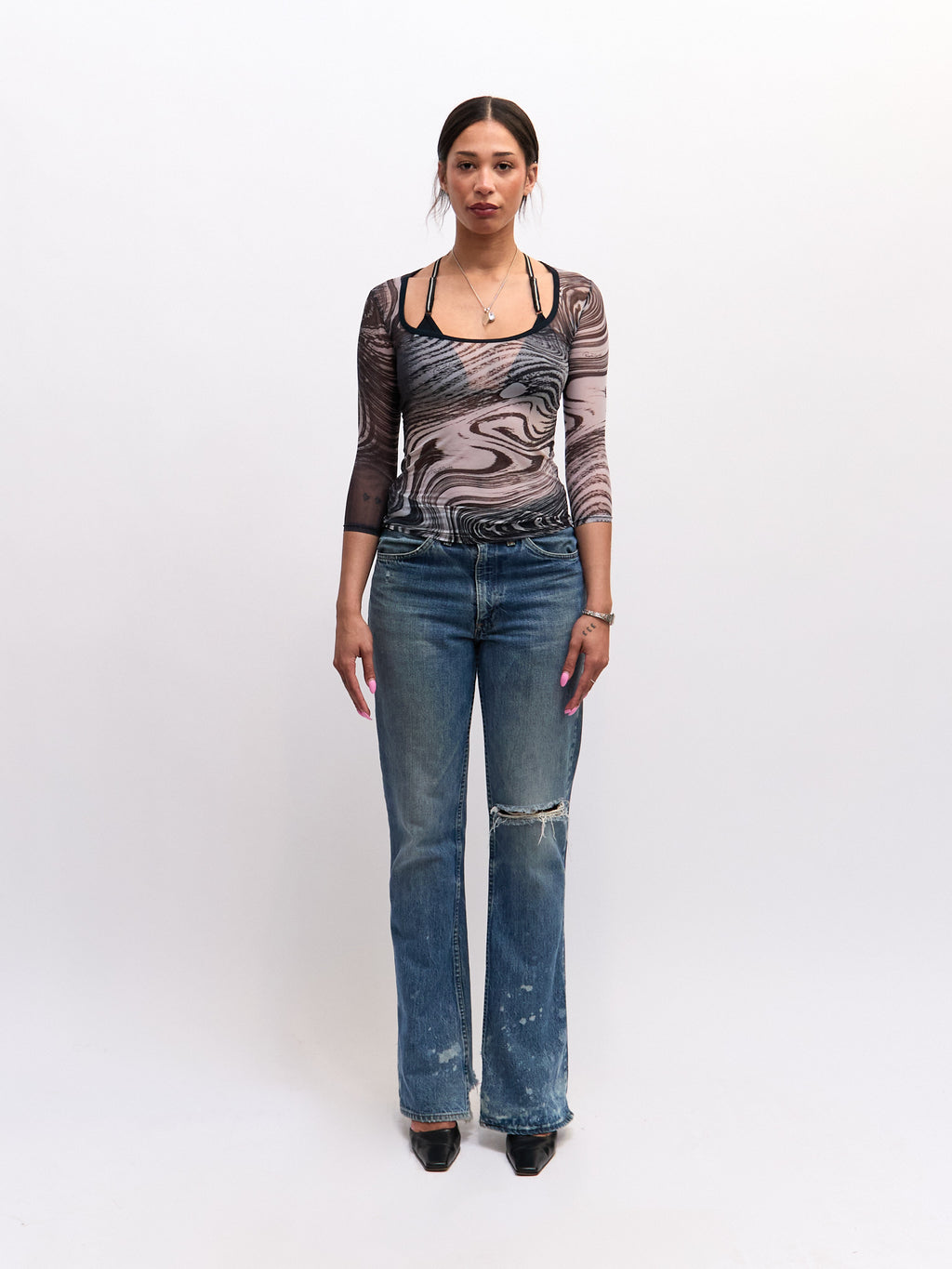 Roberto Cavalli Black White Wave Print Mesh 3/4 Sleeve Top