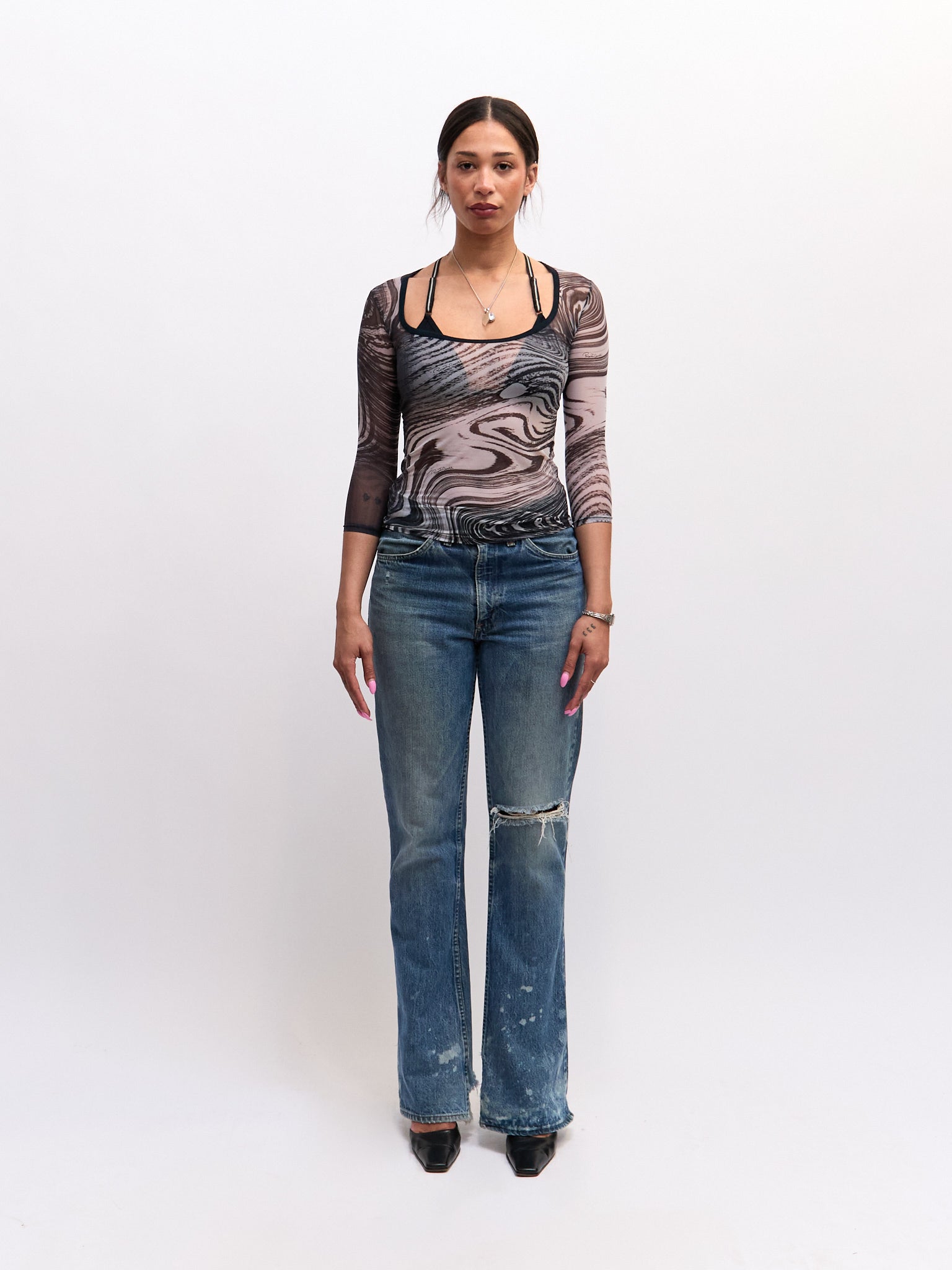 Roberto Cavalli Black White Wave Print Mesh 3/4 Sleeve Top