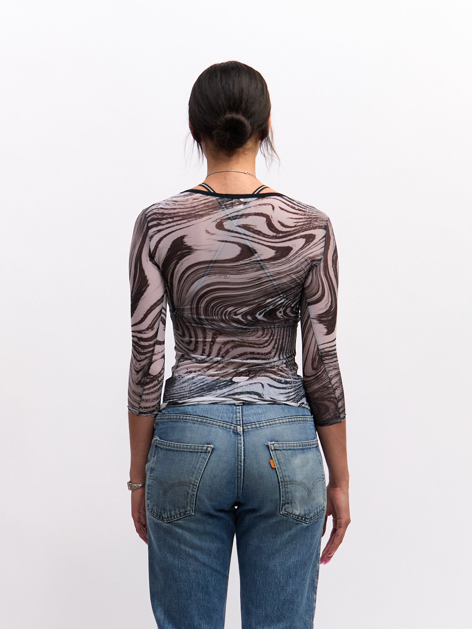 Roberto Cavalli Black White Wave Print Mesh 3/4 Sleeve Top