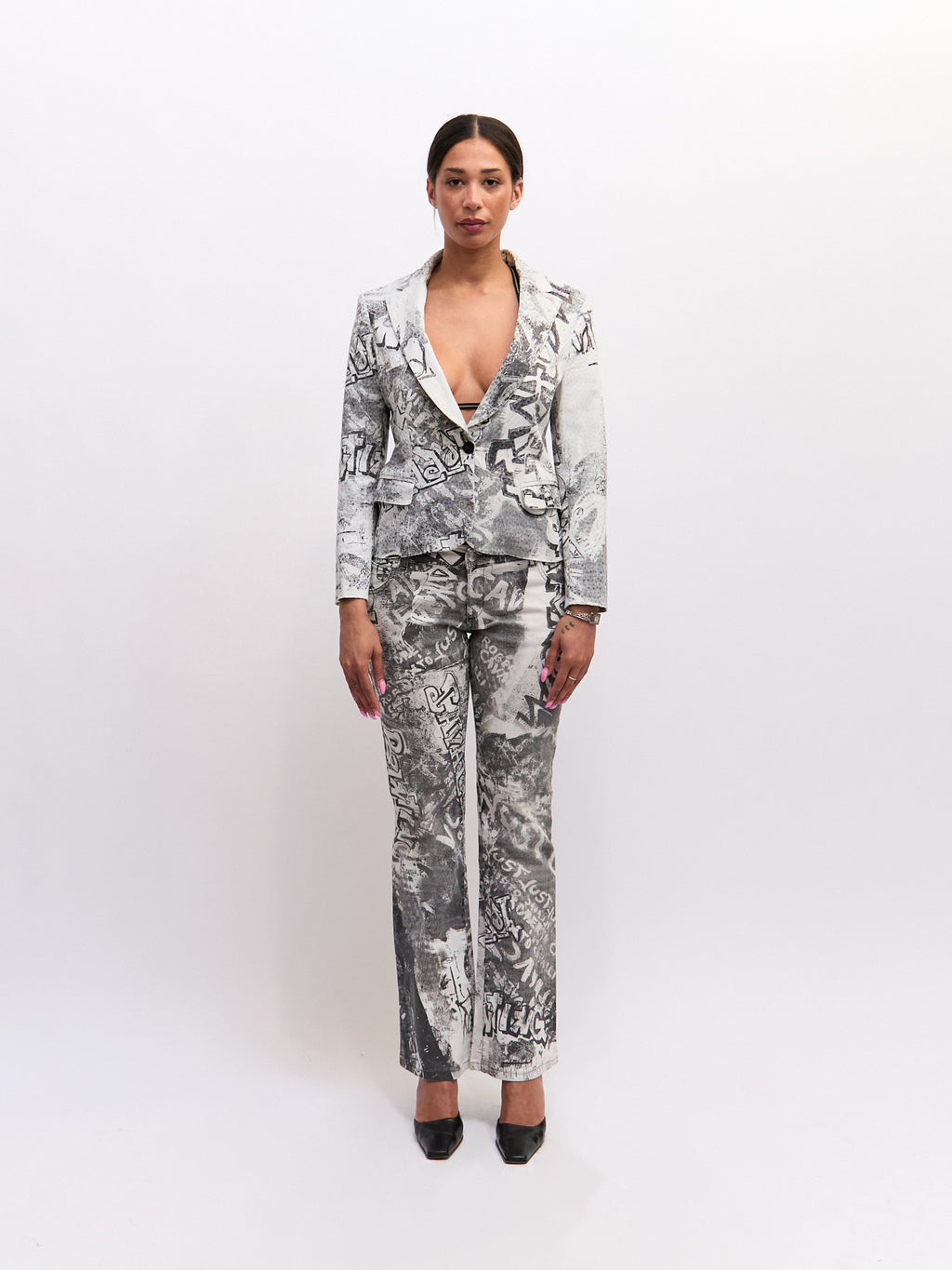 Just Cavalli Black and White Graffiti Print Blazer and Jeans Set