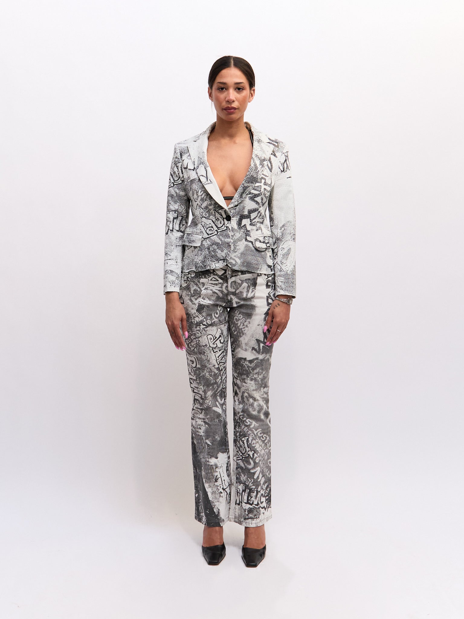 Just Cavalli Black and White Graffiti Print Blazer and Jeans Set