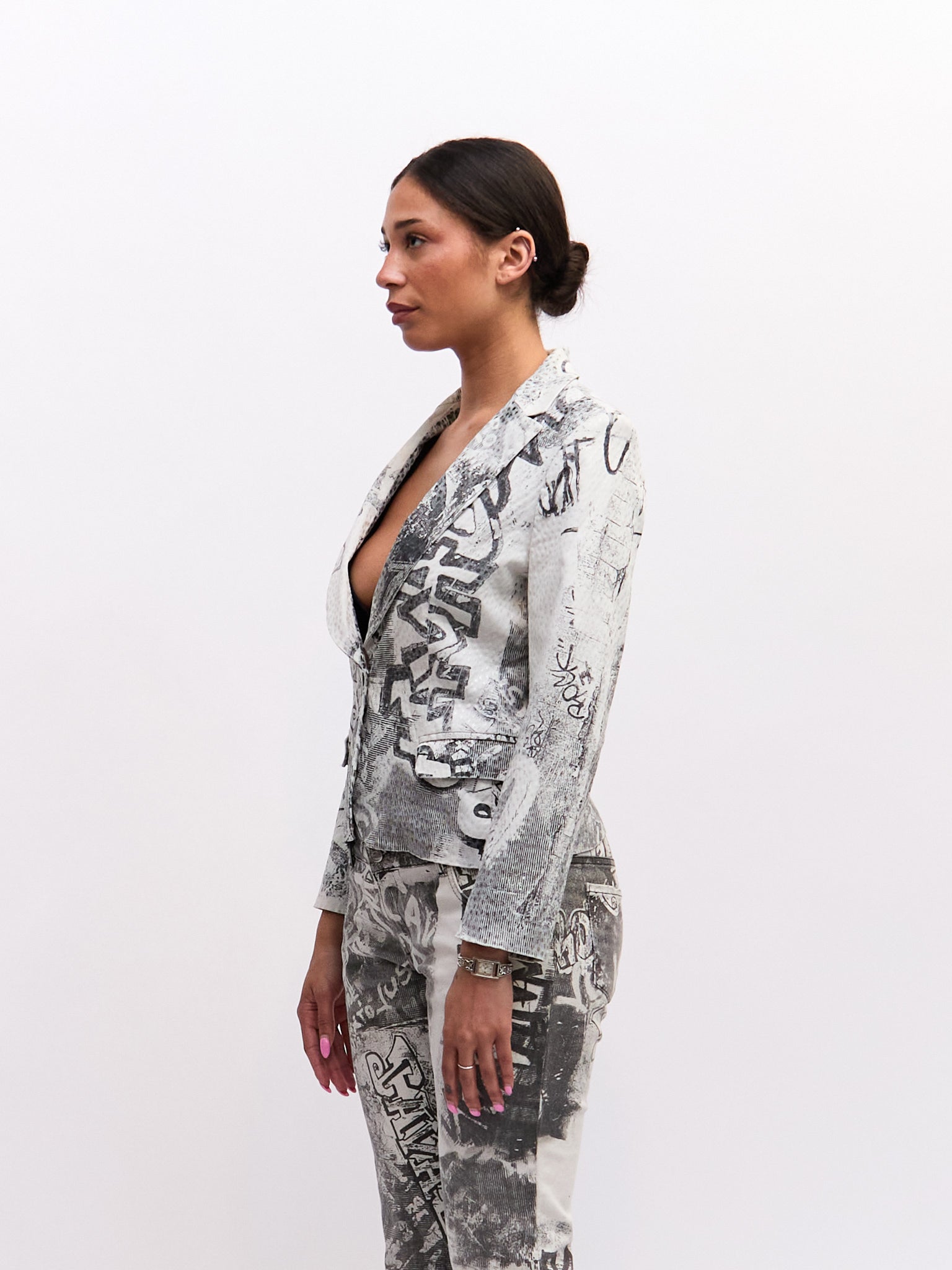 Just Cavalli Black and White Graffiti Print Blazer and Jeans Set