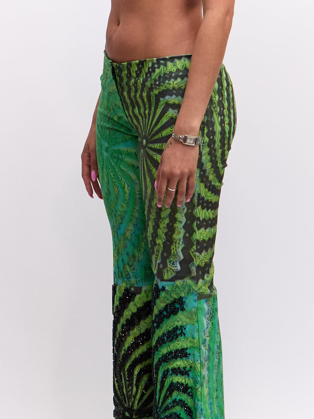 Vintage Green Black Sequin Print Pants