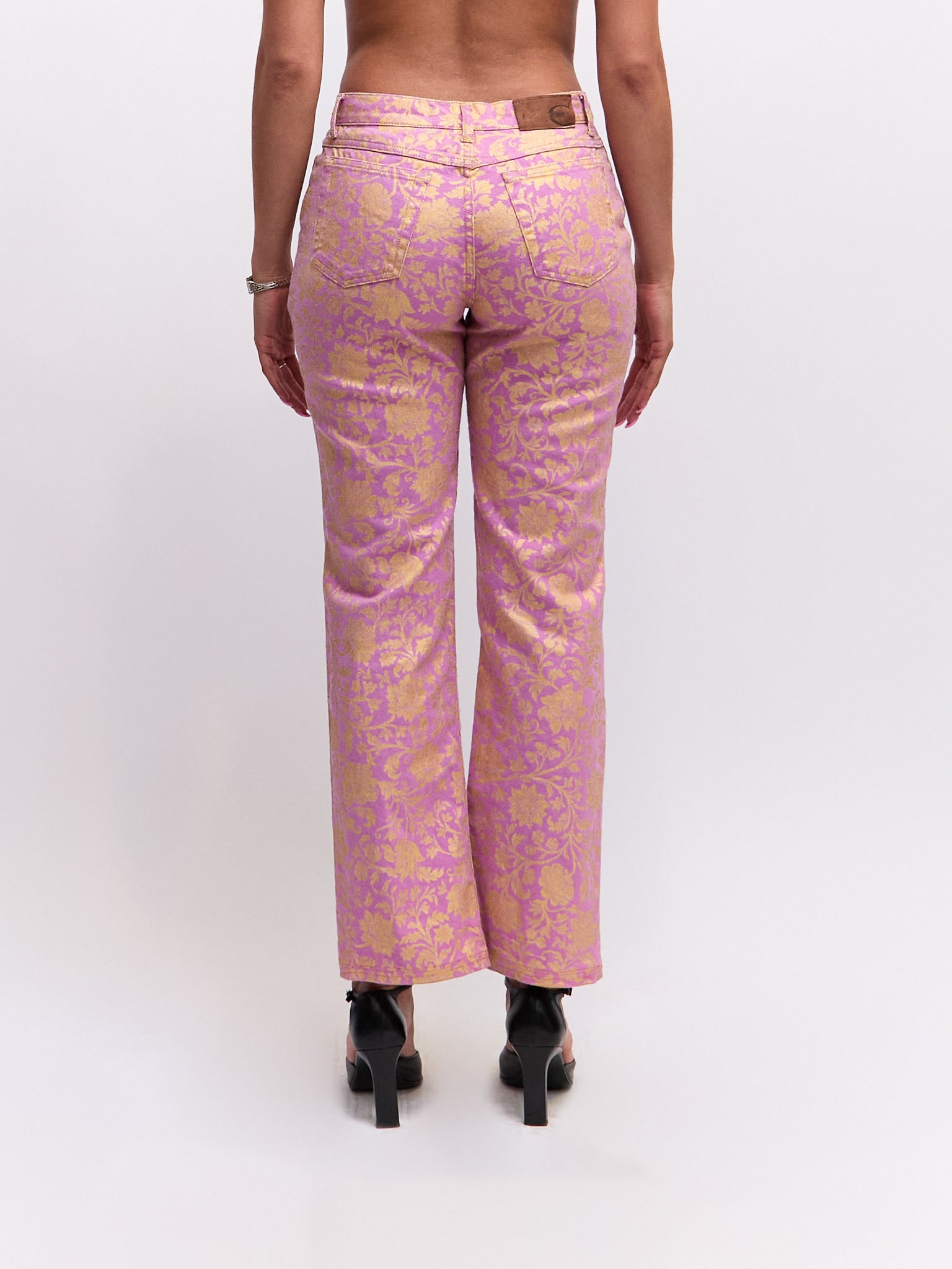 2000s Roberto Cavalli Lilac Lavender Floral Branch and Songbird Print Bootcut Jeans