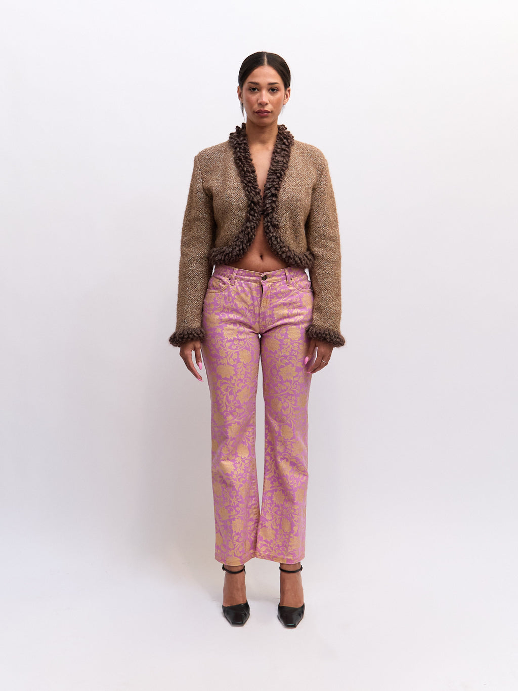 2000s Roberto Cavalli Lilac Lavender Floral Branch and Songbird Print Bootcut Jeans