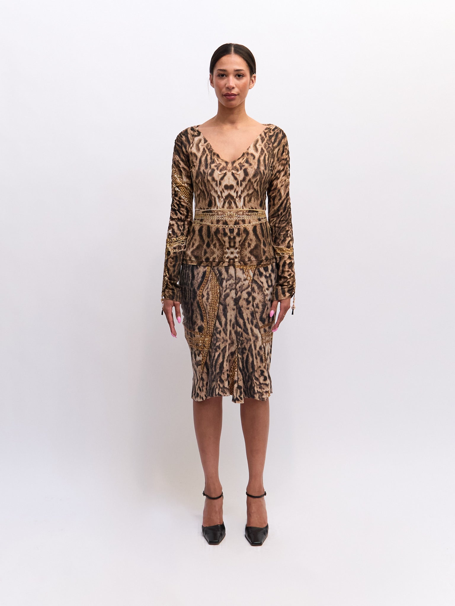 Roberto Cavalli Brown Cheetah Print Chain Top and Midi Skirt