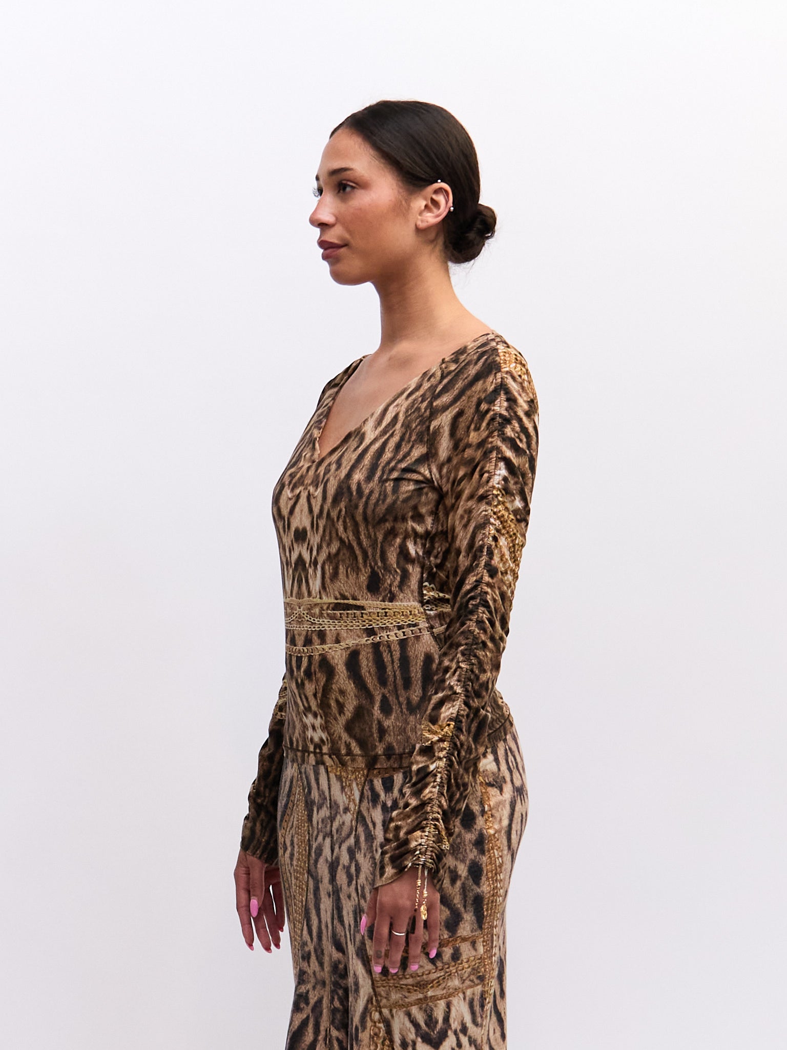 Roberto Cavalli Brown Cheetah Print Chain Top and Midi Skirt