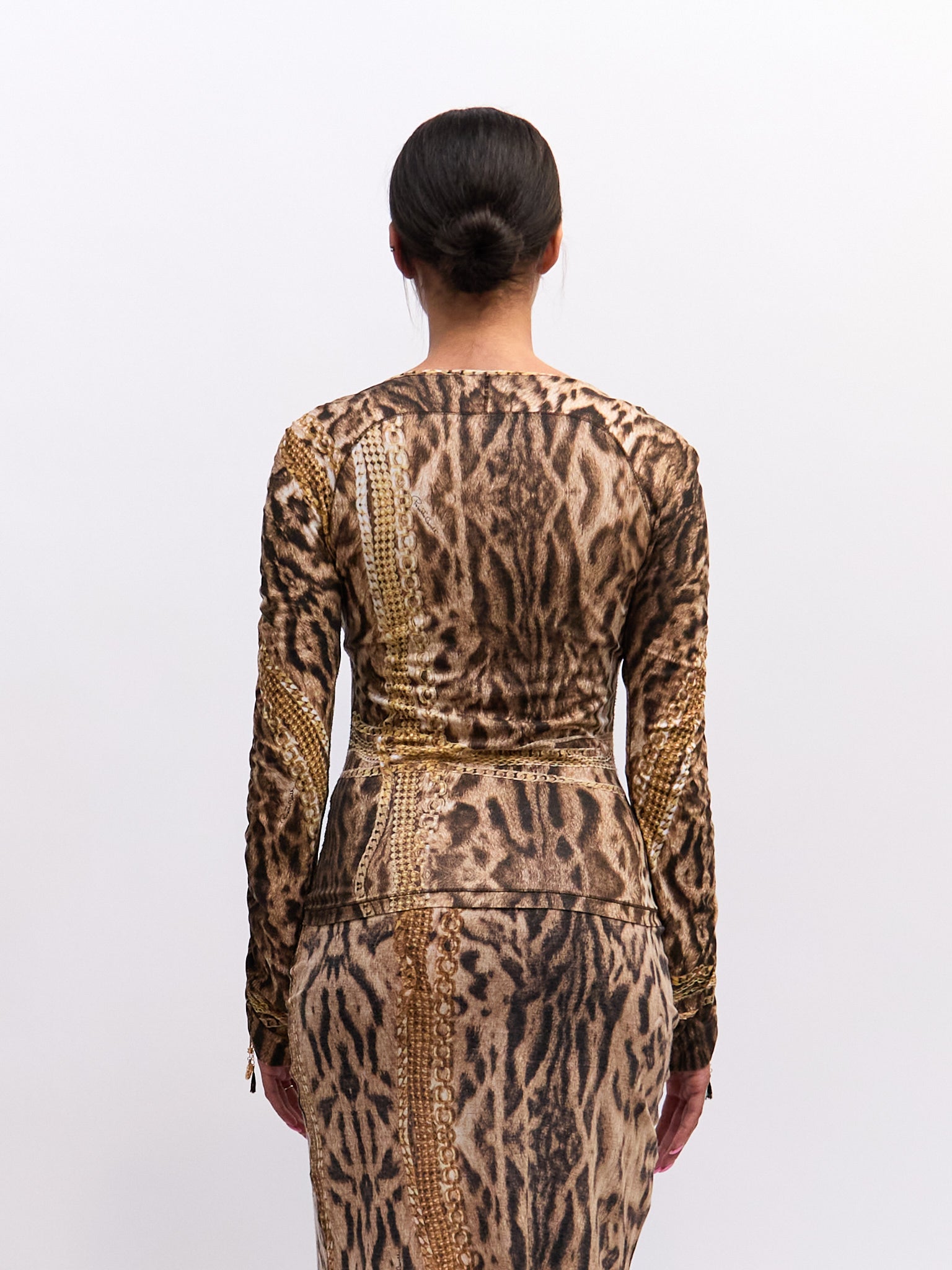 Roberto Cavalli Brown Cheetah Print Chain Top and Midi Skirt