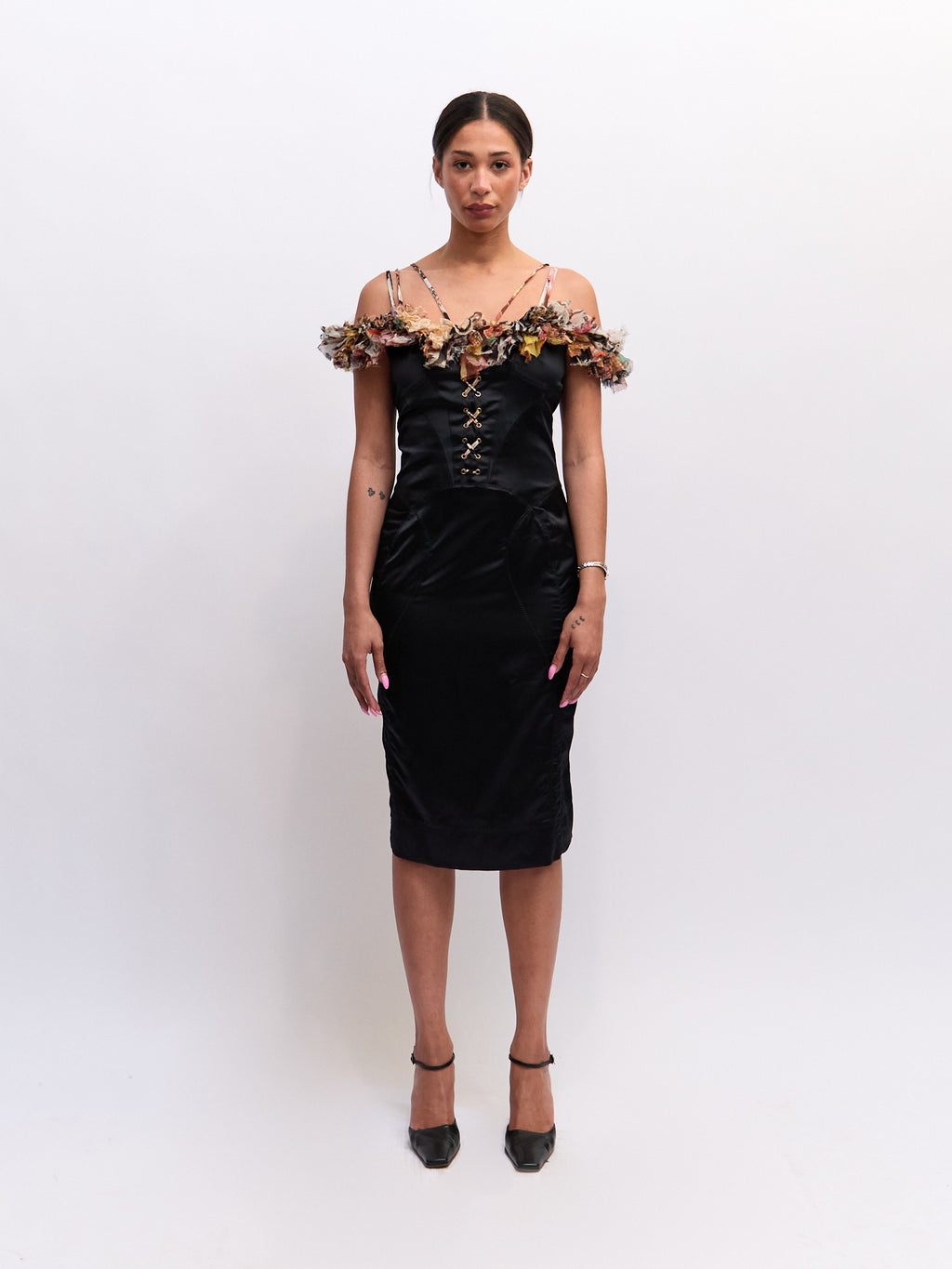 Just Cavalli Black Multicolored Lace Up Silk Dress