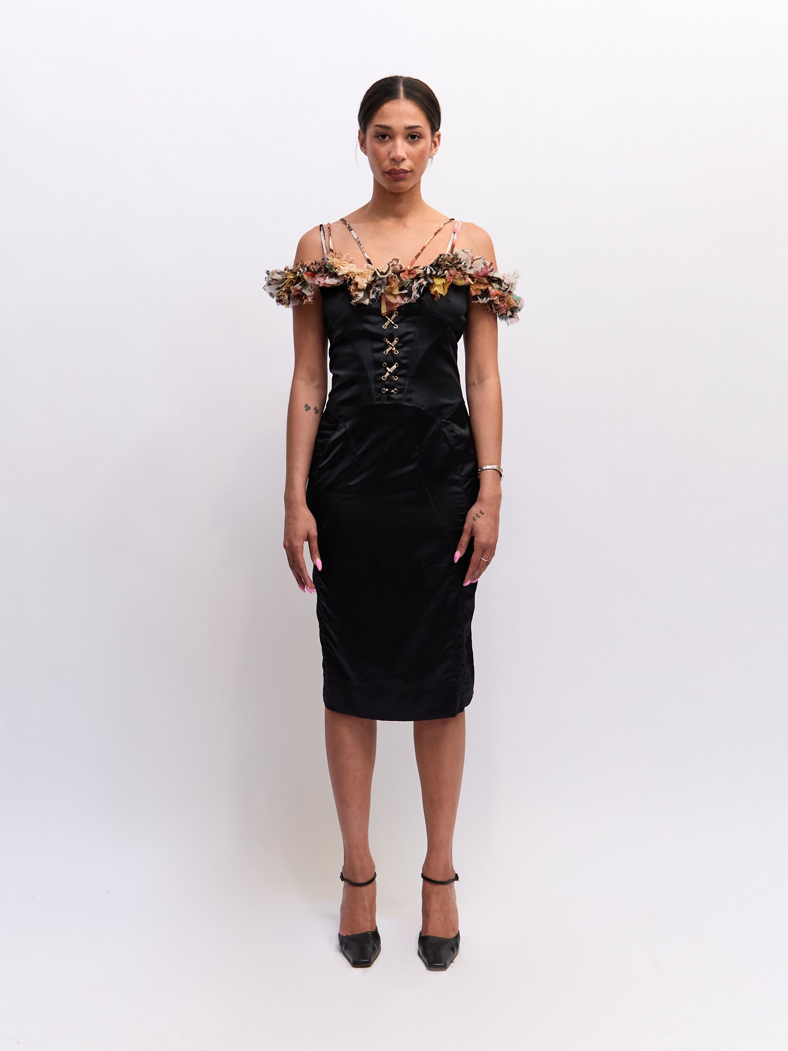 Just Cavalli Black Multicolored Lace Up Silk Dress