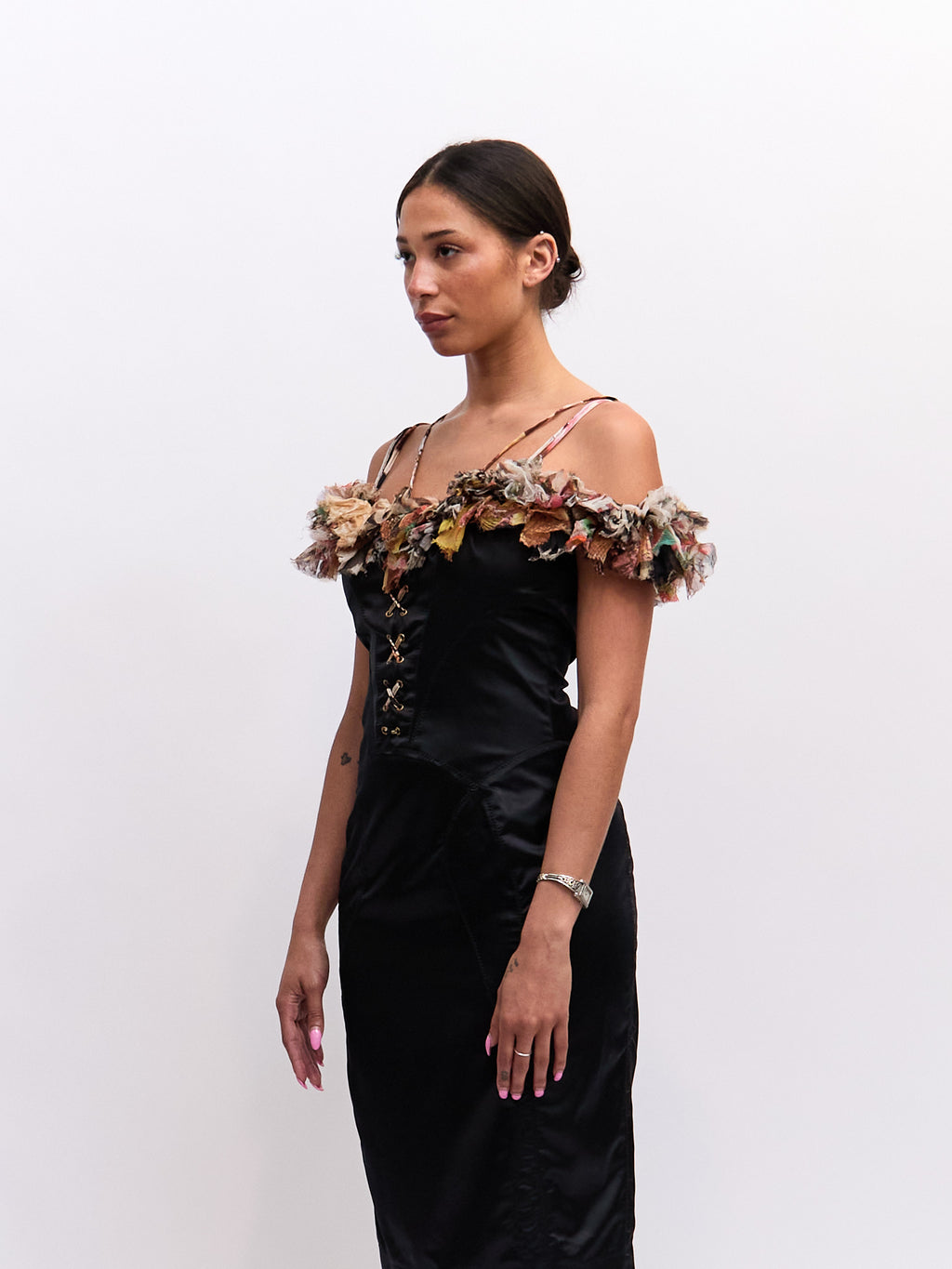 Just Cavalli Black Multicolored Lace Up Silk Dress