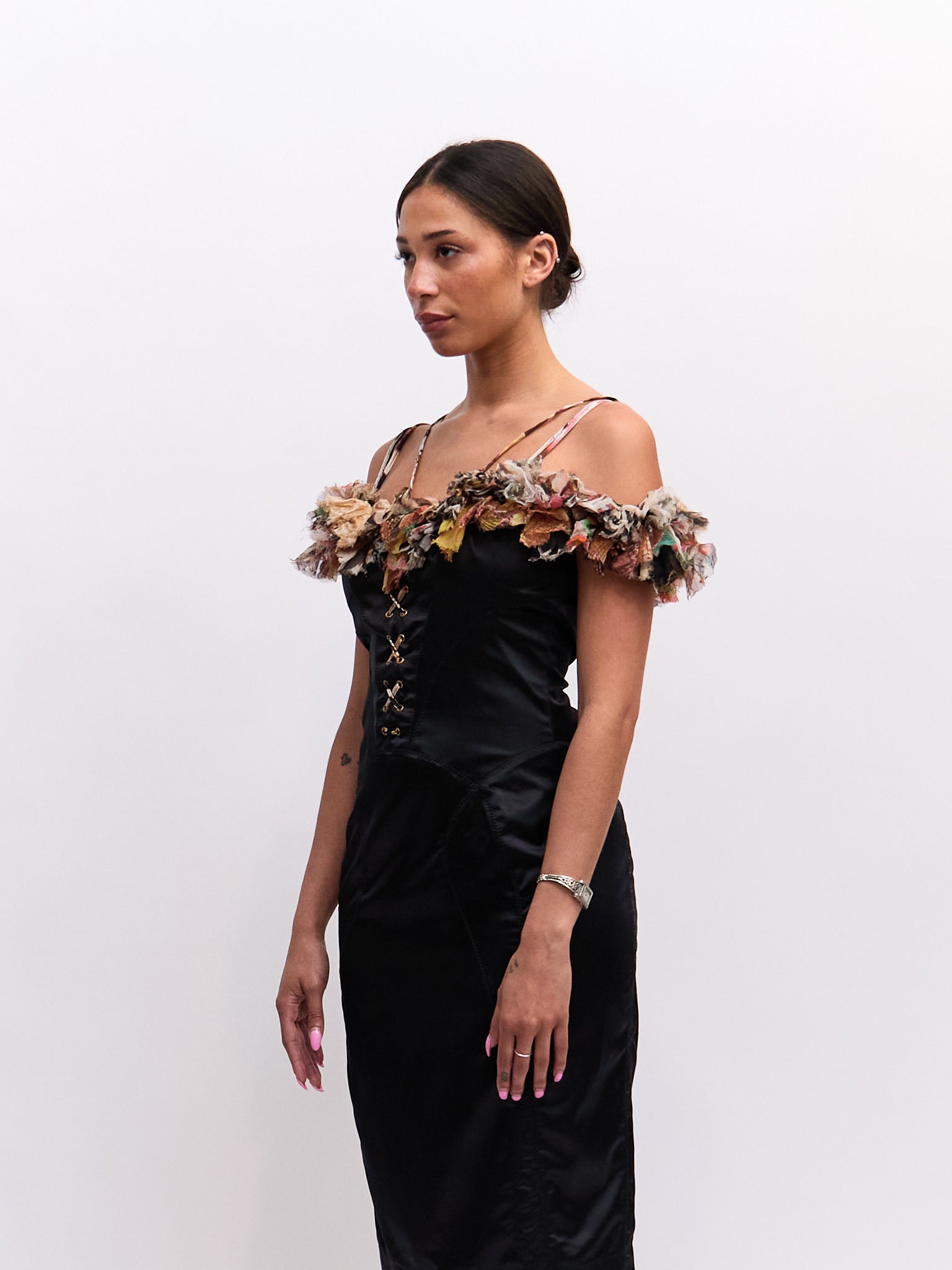 Just Cavalli Black Multicolored Lace Up Silk Dress