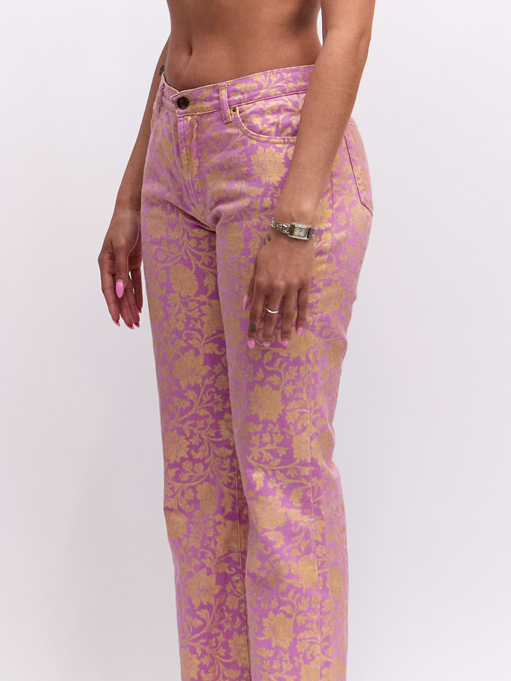 2000s Roberto Cavalli Lilac Lavender Floral Branch and Songbird Print Bootcut Jeans