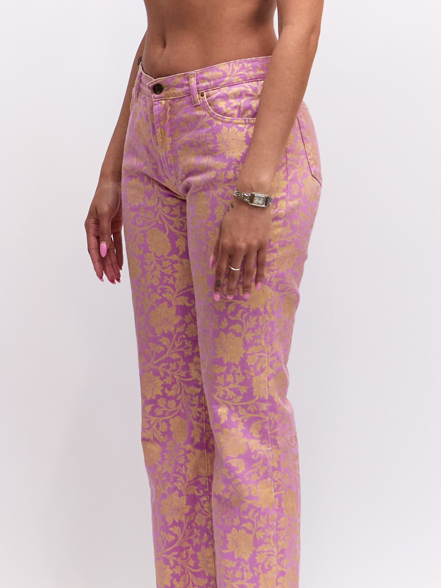 2000s Roberto Cavalli Lilac Lavender Floral Branch and Songbird Print Bootcut Jeans