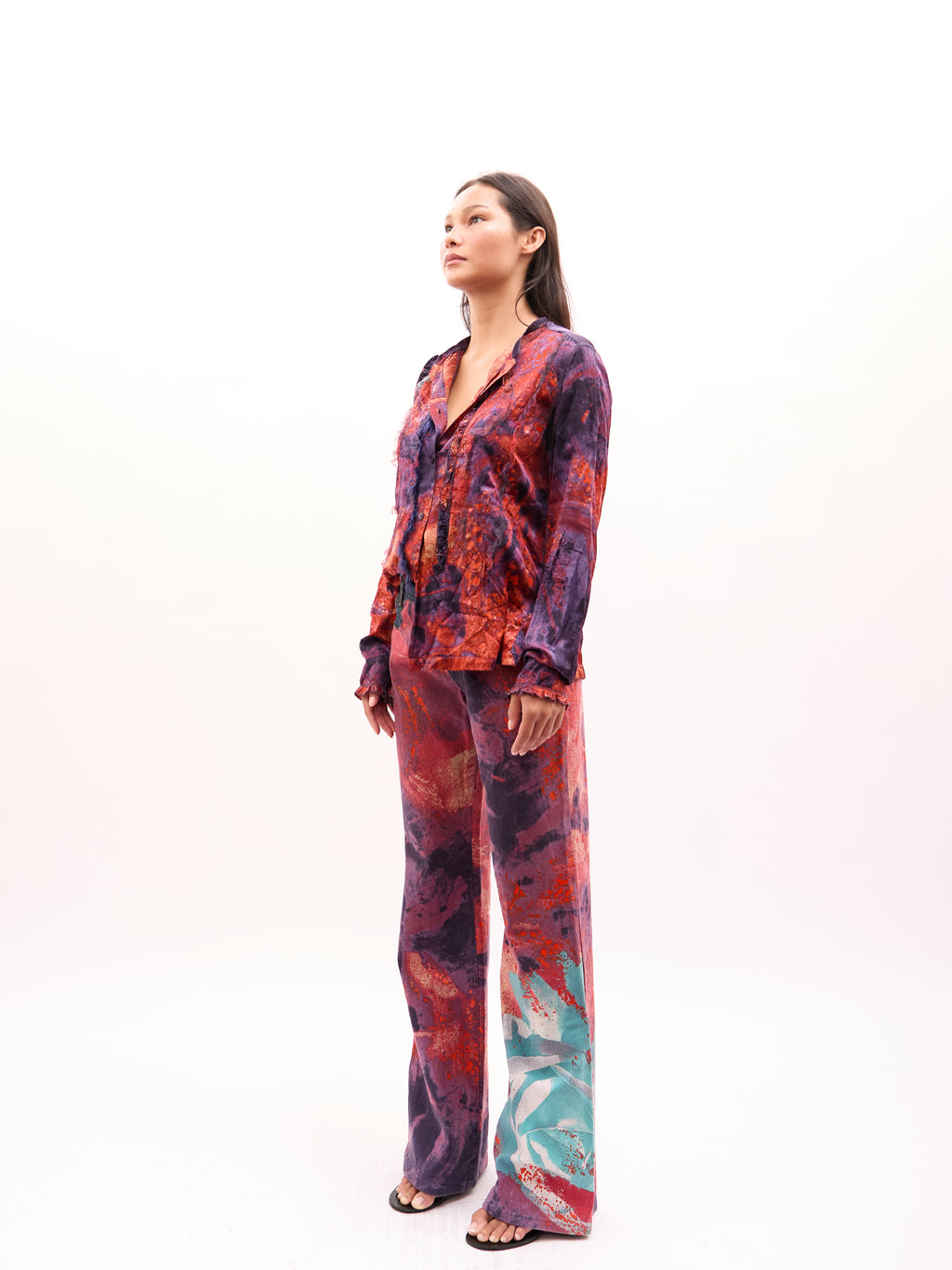 2000s Just Cavalli Purple Red Marbled Rose Print Top and Jeans Set