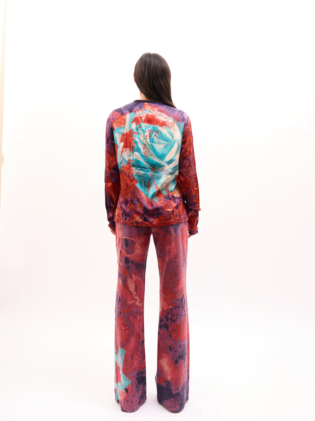 2000s Just Cavalli Purple Red Marbled Rose Print Top and Jeans Set