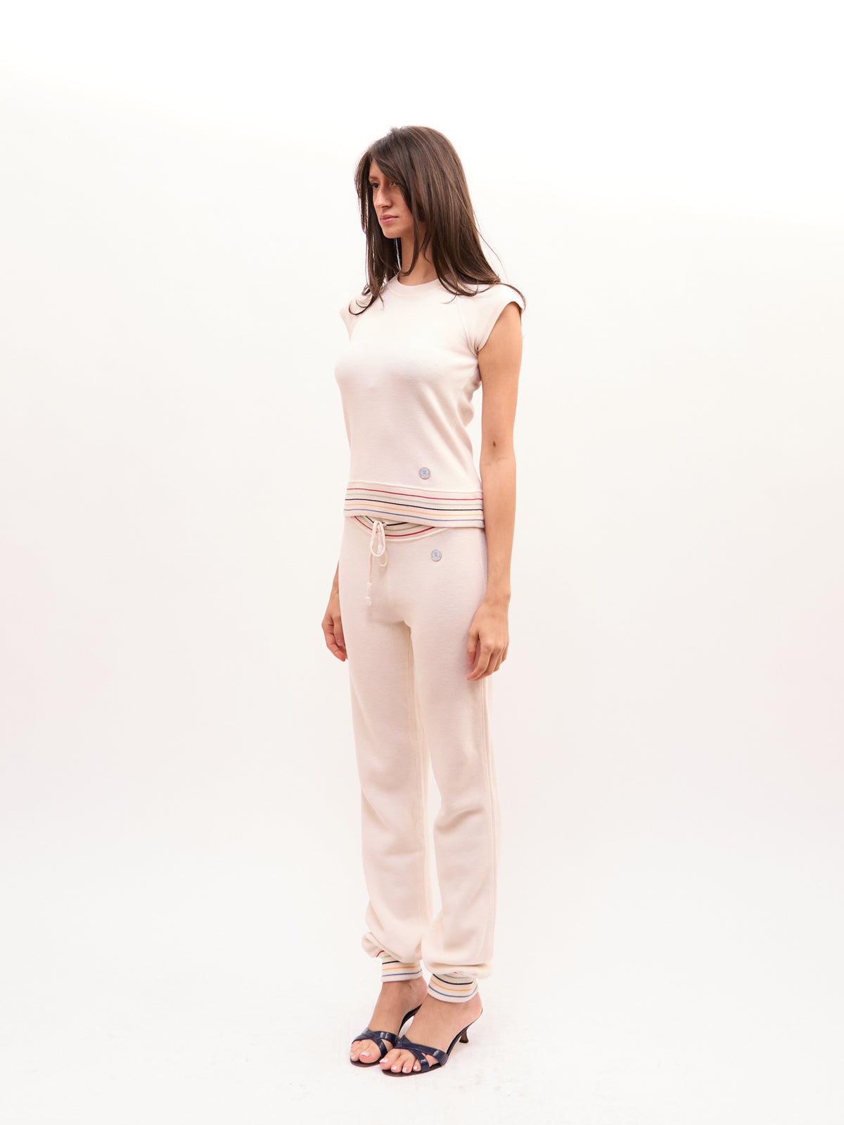 Celine Cream Striped Knit Drawstring Top Bottoms Set