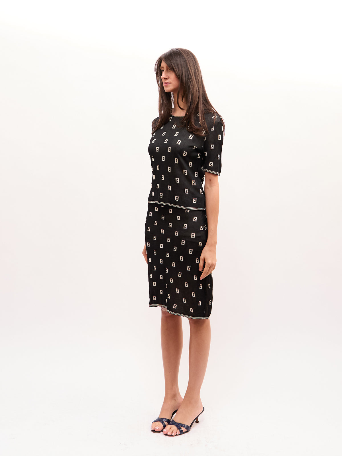 2000s Fendi Black FF Logo Contrast Trim Skirt Set