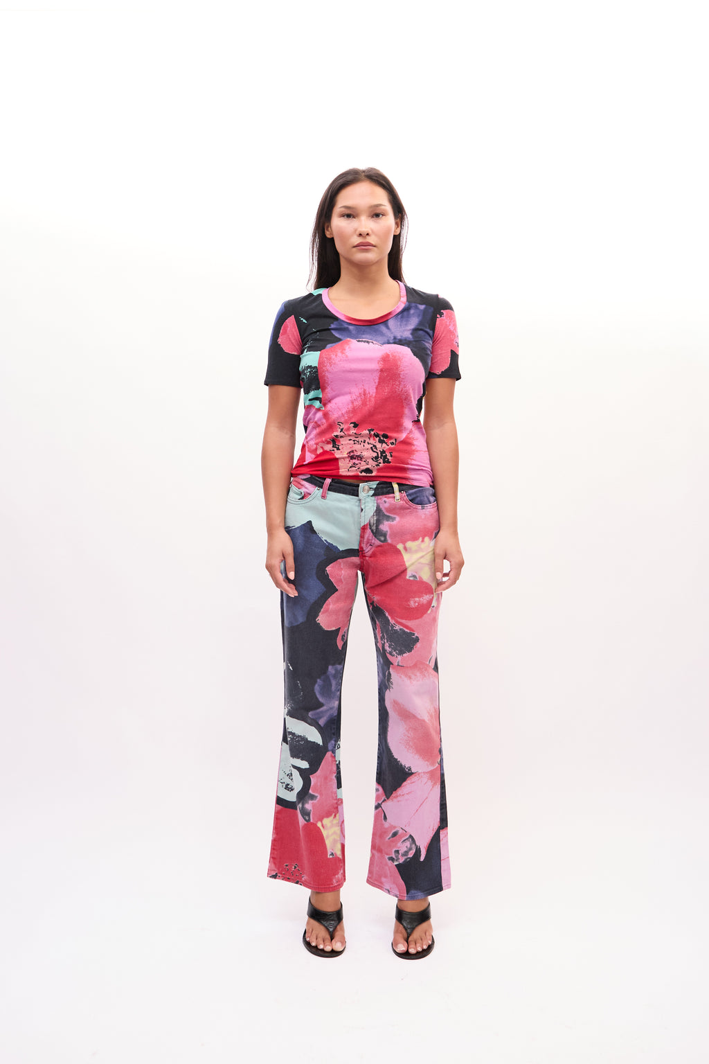 2000s Just Cavalli Pink Multicolor Watercolor Floral Top And Jeans Set