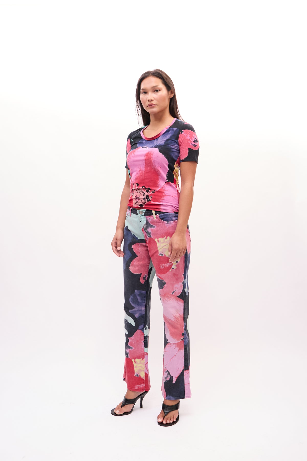 2000s Just Cavalli Pink Multicolor Watercolor Floral Top And Jeans Set