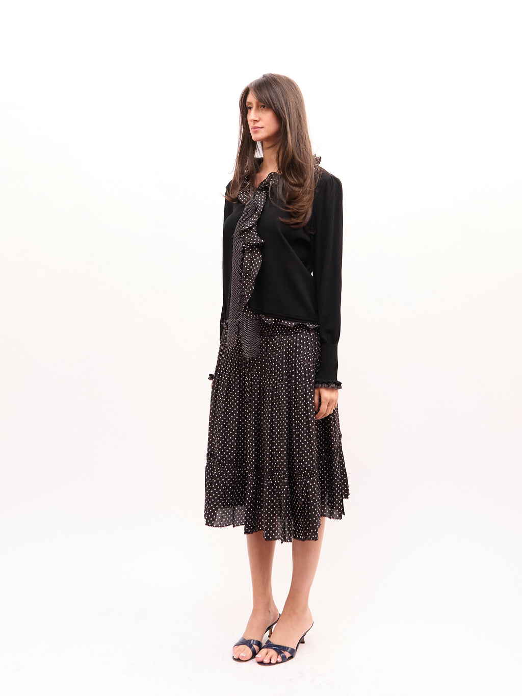 2000s Vintage Black Polka Dot Cardigan and Tiered Skirt Set