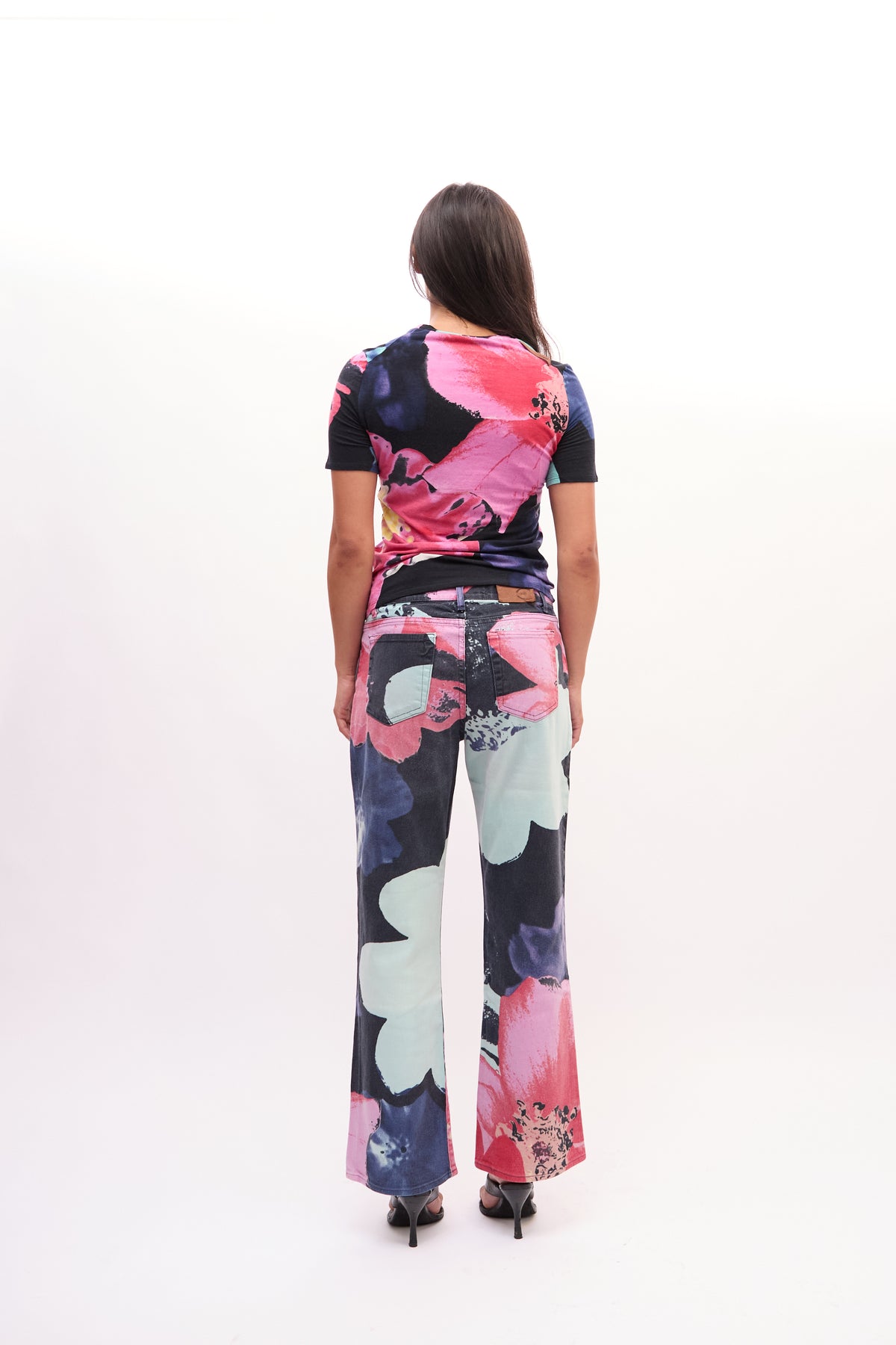2000s Just Cavalli Pink Multicolor Watercolor Floral Top And Jeans Set
