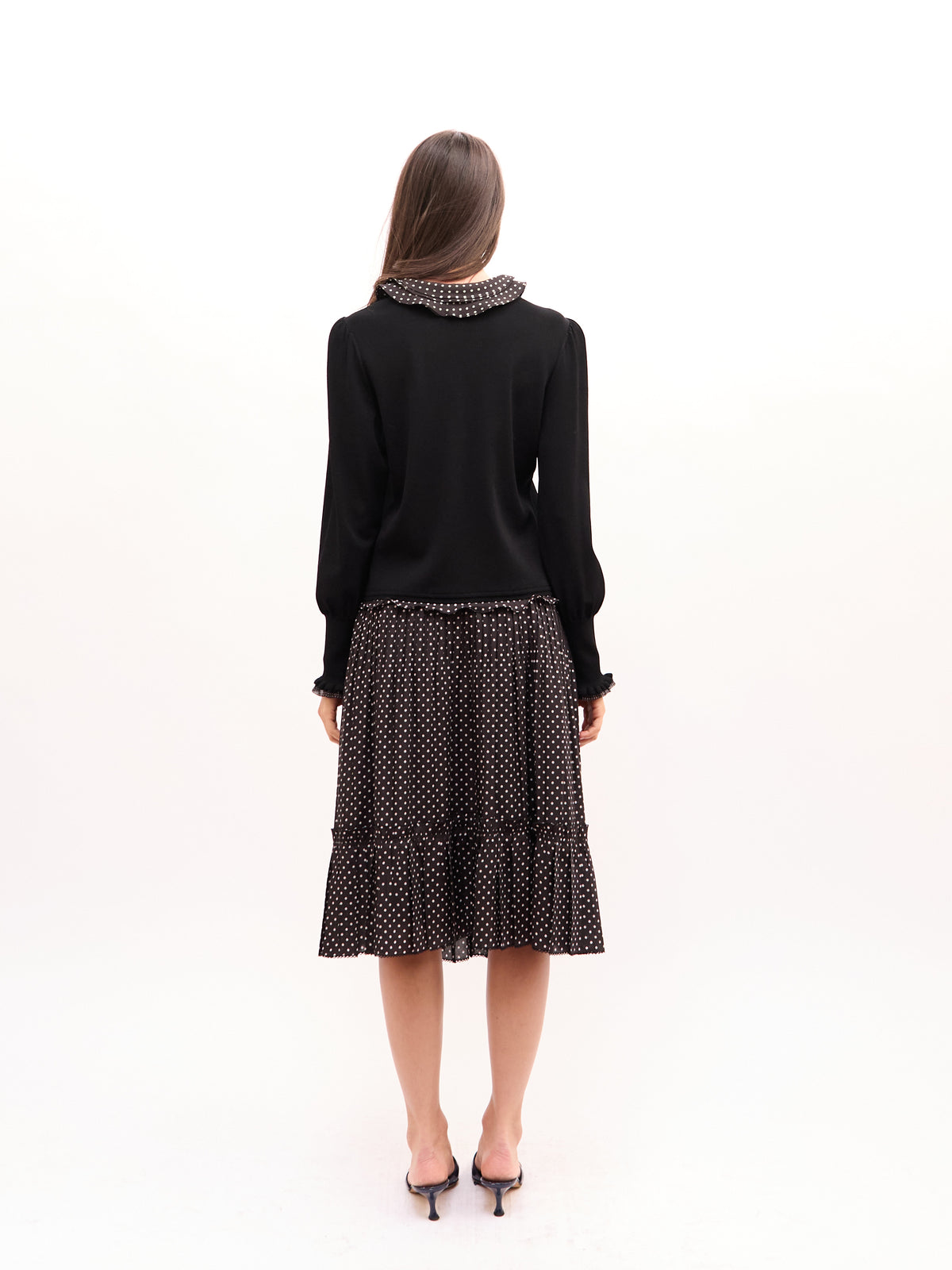 2000s Vintage Black Polka Dot Cardigan and Tiered Skirt Set