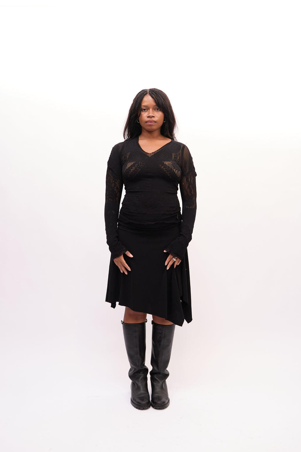 2000s Just Cavalli Black Sheer Panels, Asymmetrical Handkerchief Hem Skirt Skirt Set
