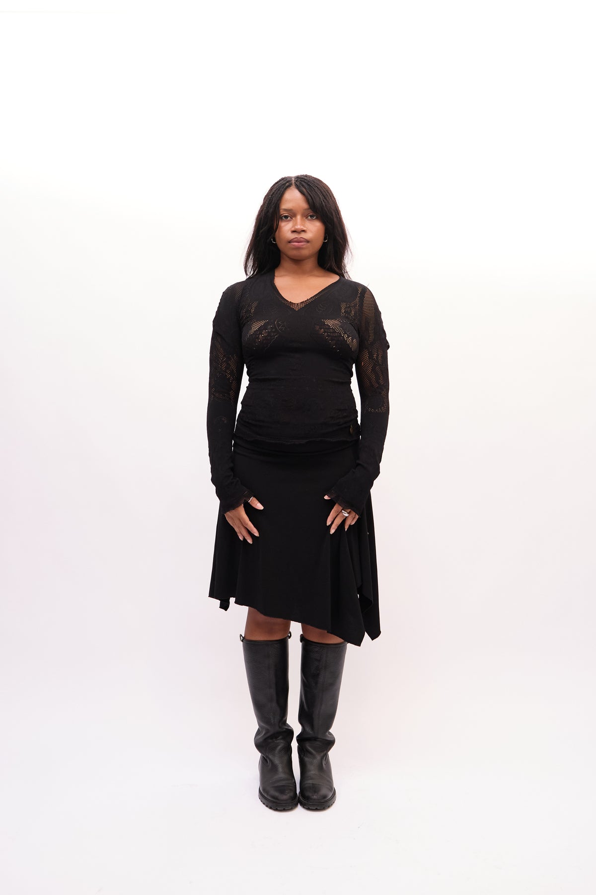 2000s Just Cavalli Black Sheer Panels, Asymmetrical Handkerchief Hem Skirt Skirt Set